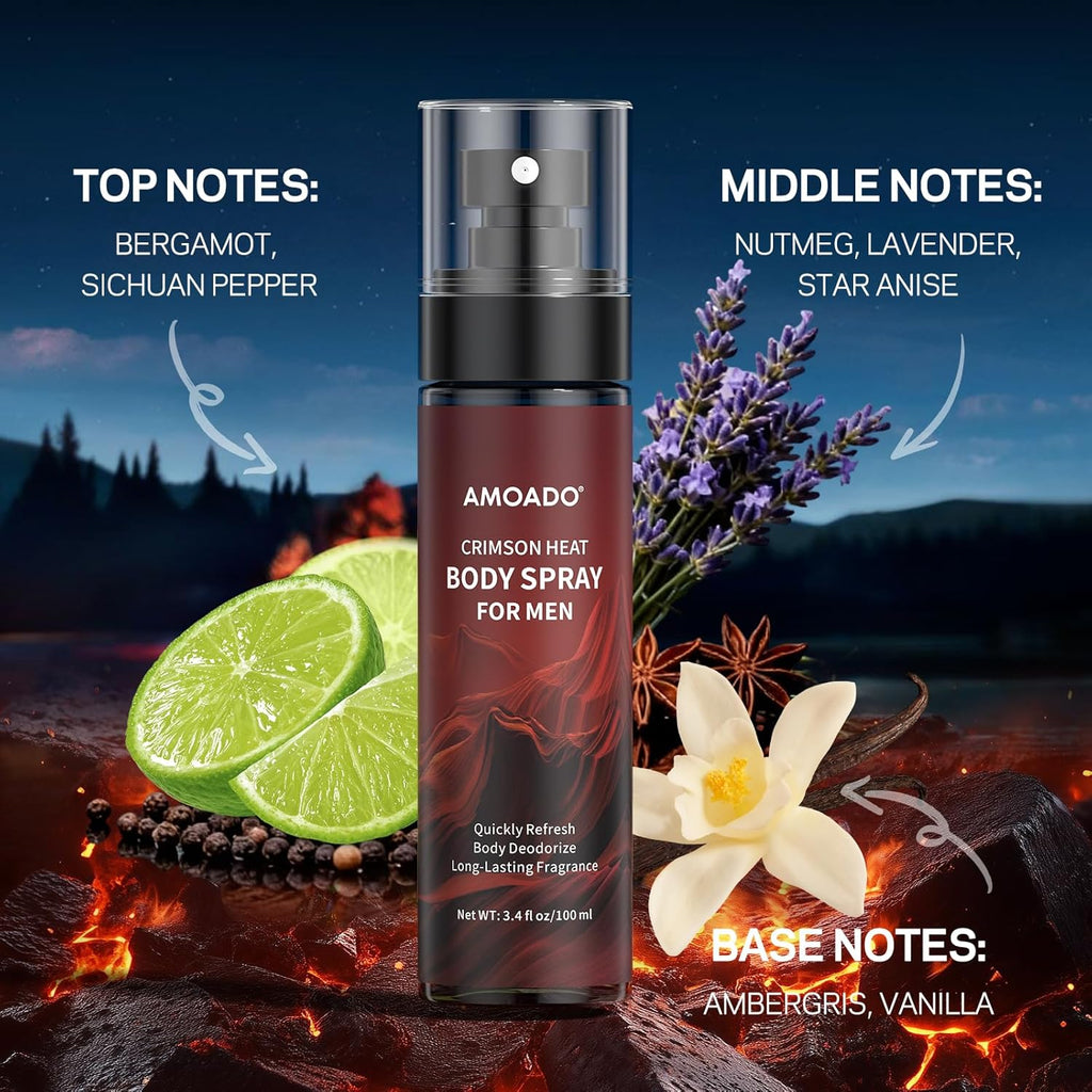 AMOADO Men’s Body Spray Set – Body Spray for Men,Deodorizing Body Mist Refreshing Spray, Aluminum-Free Cologne for Him, Oriental & Woody Scents,Each 3.4 fl oz