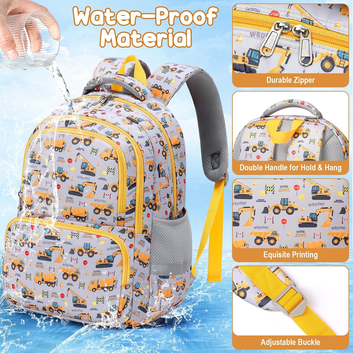 Fimibuke Kids Backpack For School Boys, 3Pcs Waterproof Toddler School Bag | Cute Bookbag Set With Lunch Box & Pencil Case For Preschool Kindergarten Elementary Back To School Student Ages 3-12, Trucks