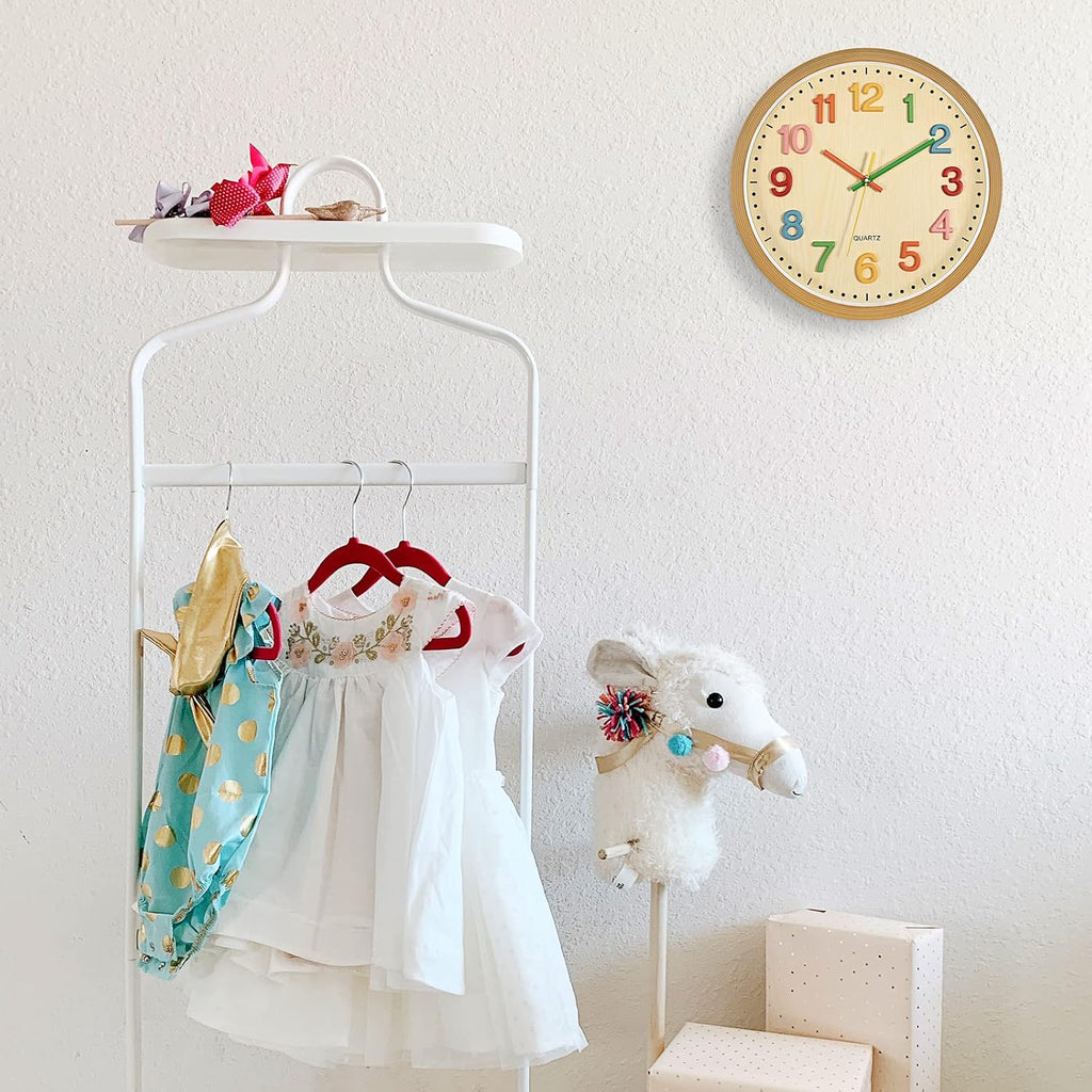 Foxtop Silent Kids Wall Clock Non-Ticking Battery Operated Colorful Childrens Clock For Classroom Playroom Nursery Bedrooms Kids Room (3D Numbers, 12 Inch)