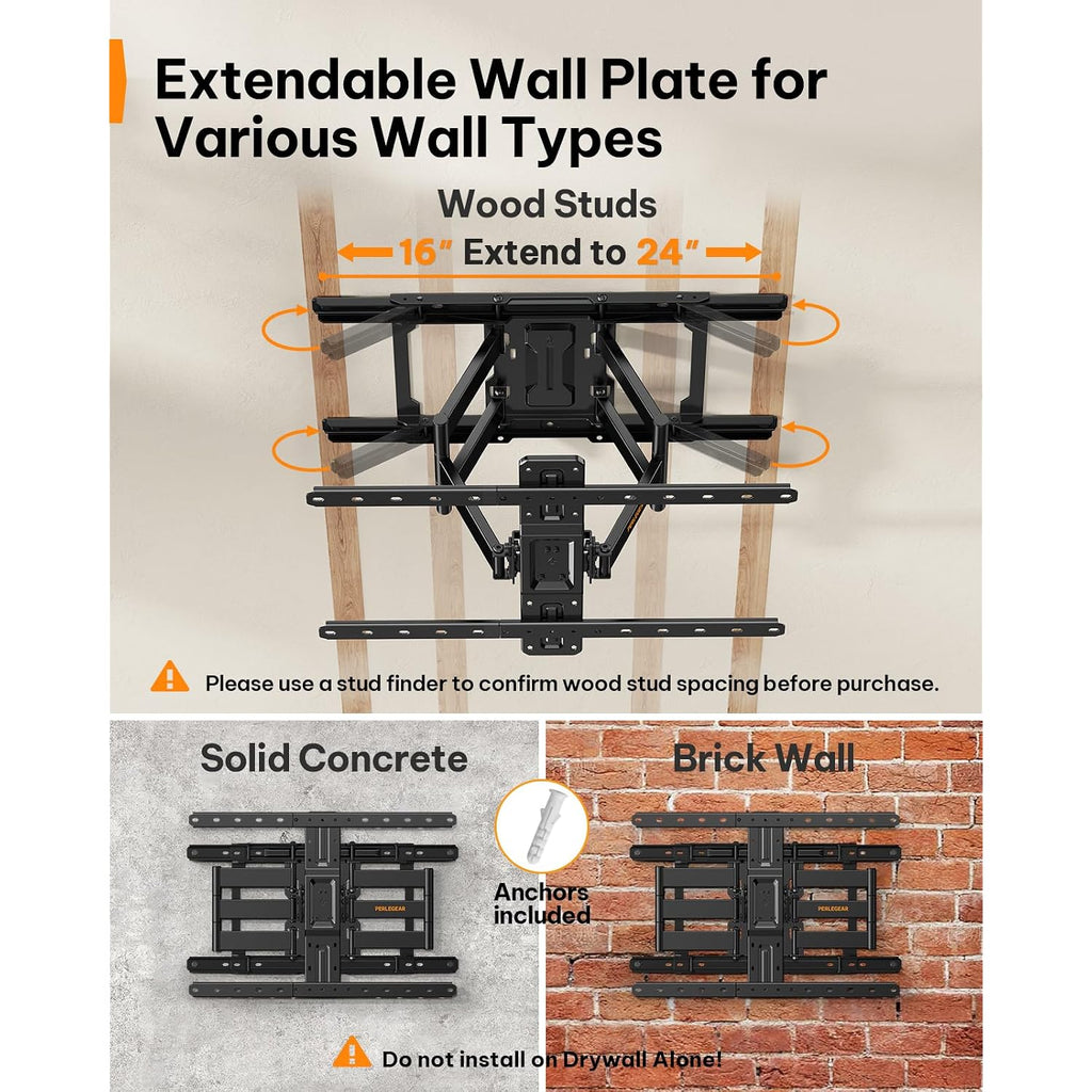 Perlegear Ultra Slim Tv Wall Mount 1.1" Low Profile For 42-90" Tvs, Fits 16"/24" Studs, Full Motion Tv Mount Wall Bracket With Dual Articulating Arms, Swivel, Tilt, Max Vesa 600X400Mm, Holds 132Lbs