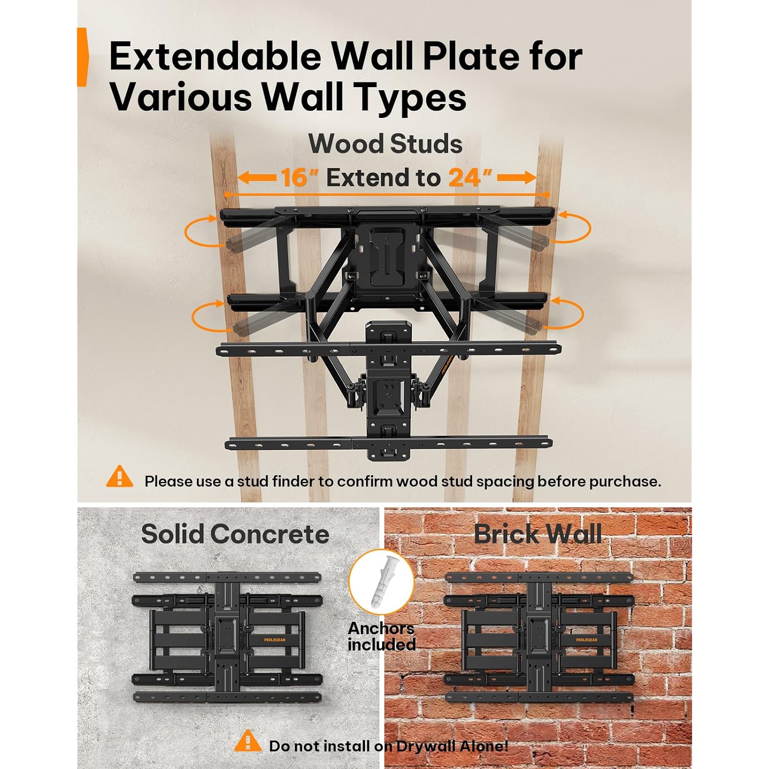 Perlegear Ultra Slim Tv Wall Mount 1.1" Low Profile For 42-90" Tvs, Fits 16"/24" Studs, Full Motion Tv Mount Wall Bracket With Dual Articulating Arms, Swivel, Tilt, Max Vesa 600X400Mm, Holds 132Lbs