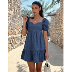 Potili Denim Dress For Women Puff Short Sleeve Jean Dresses Sweetheart Neck Denim Mini Dress