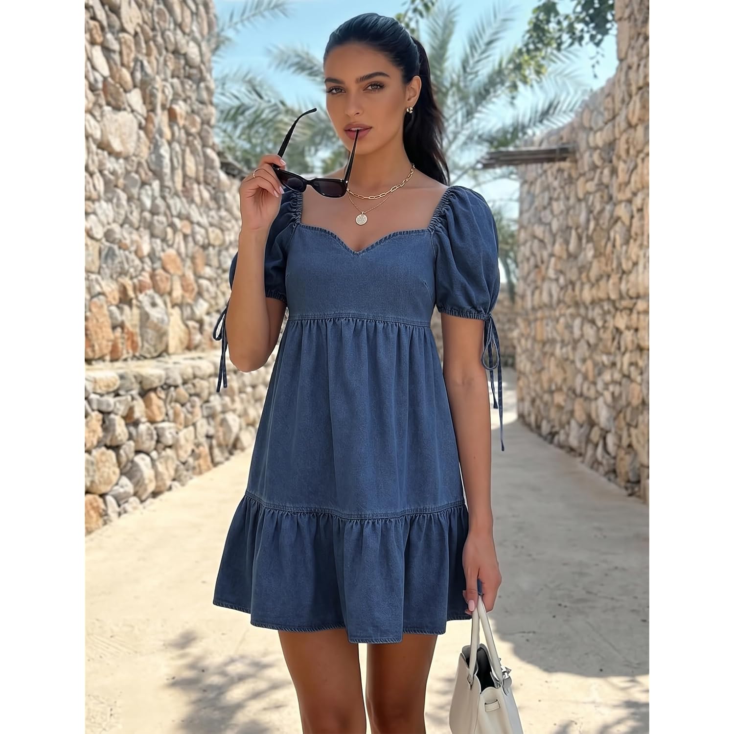 Potili Denim Dress For Women Puff Short Sleeve Jean Dresses Sweetheart Neck Denim Mini Dress