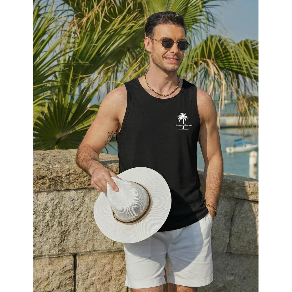 Coofandy Mens Beach Tank Tops Summer Cotton Sleeveless Graphic T Shirts Palm Tree Casual Vacation Muscle Tank