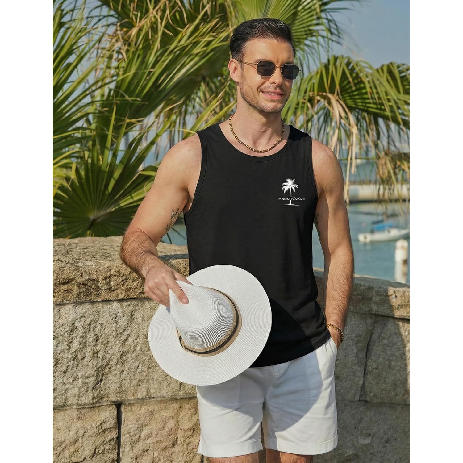 Coofandy Mens Beach Tank Tops Summer Cotton Sleeveless Graphic T Shirts Palm Tree Casual Vacation Muscle Tank