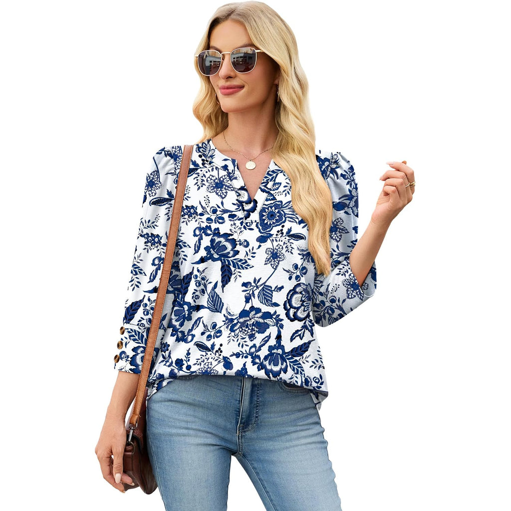 Wiholl 3/4 Length Sleeve Womens Tops With Button Cuffs Dressy Casual V Neck Summer Outfits Early Fall Fashion Spring Clothes