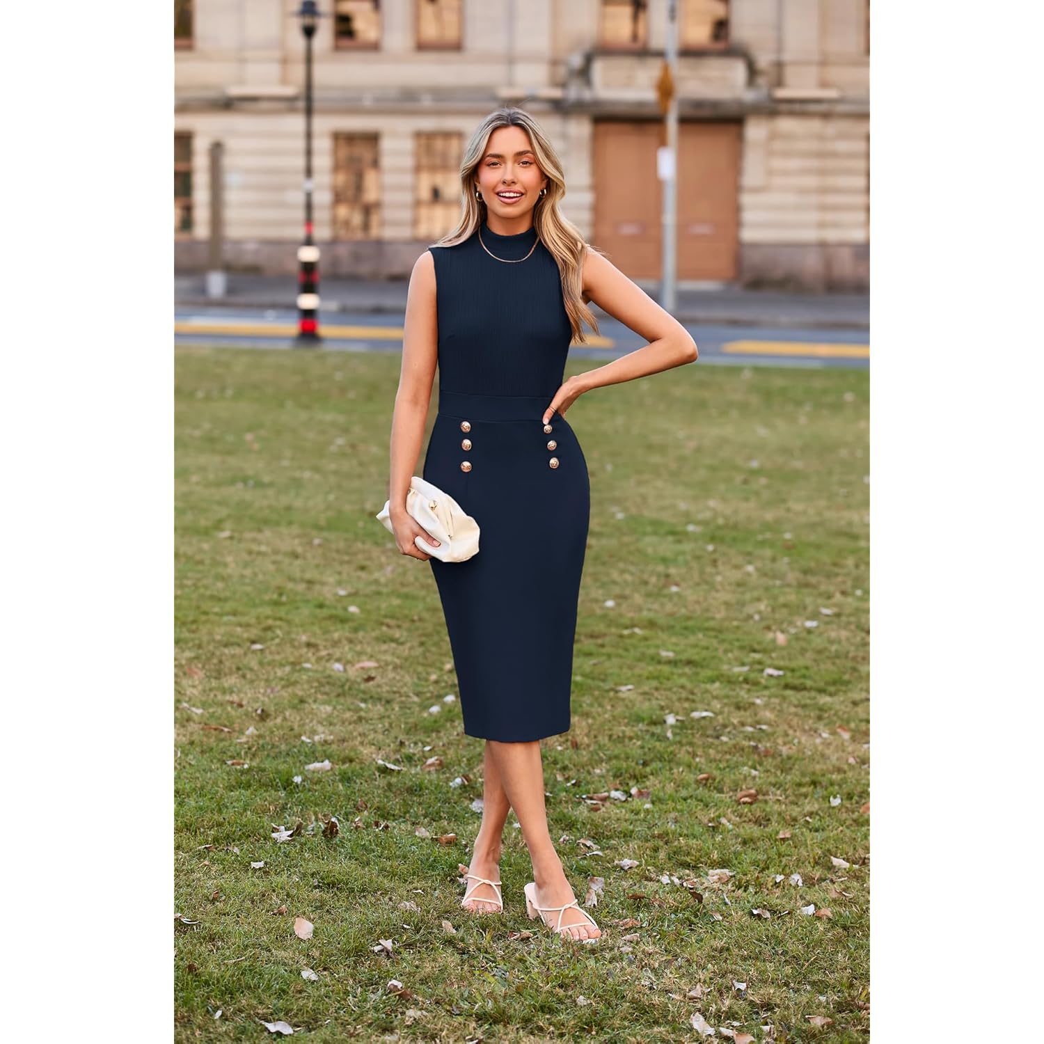 2026 Women's Lightweight Mock Neck Business Work Dress Sleeveless Double Breasted Bodycon Midi Dress