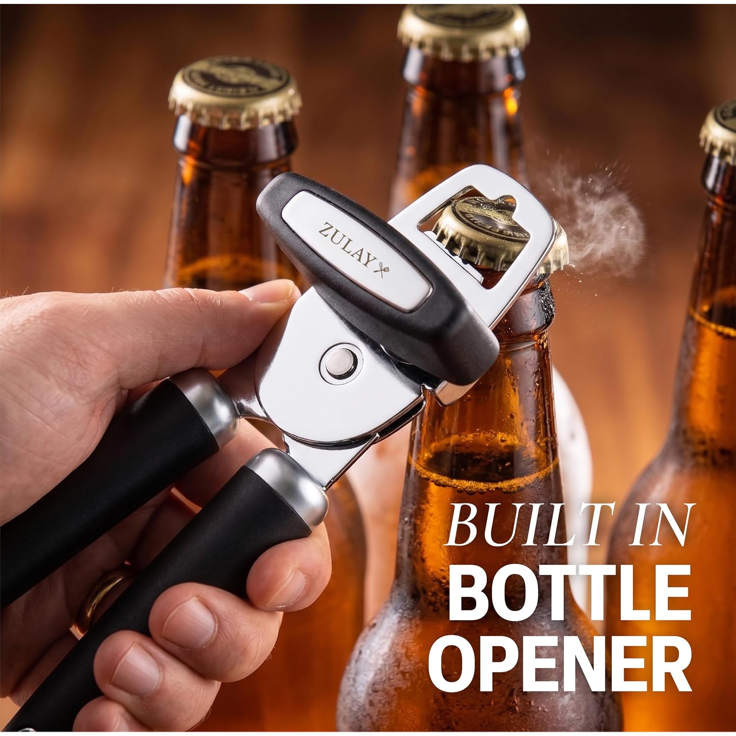 Zulay Kitchen Heavy Duty Stainless Steel Can Opener Manual With Bottle Opener - Rust Proof Manual Can Opener With Turn Knob & Comfy Soft Grip Handles - Black