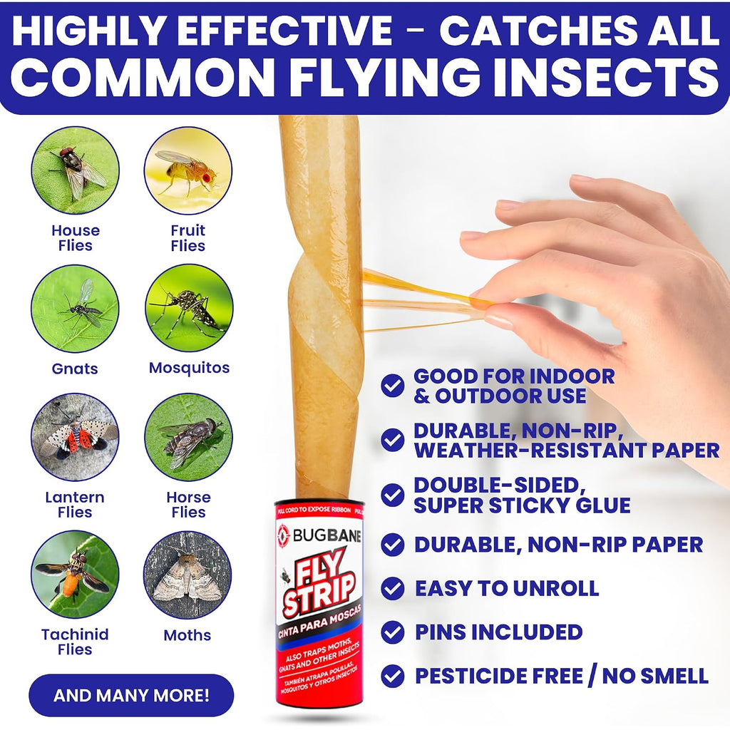 Fly Strips Indoor Sticky Hanging 24Pk With Pins. Non Toxic Outdoor Fly Trap Indoor For Home. Flies Tape Paper Trap Ribbon Roll For House Gnat Fruit And Housefly. Bug Catchers For Inside Home Flypaper.