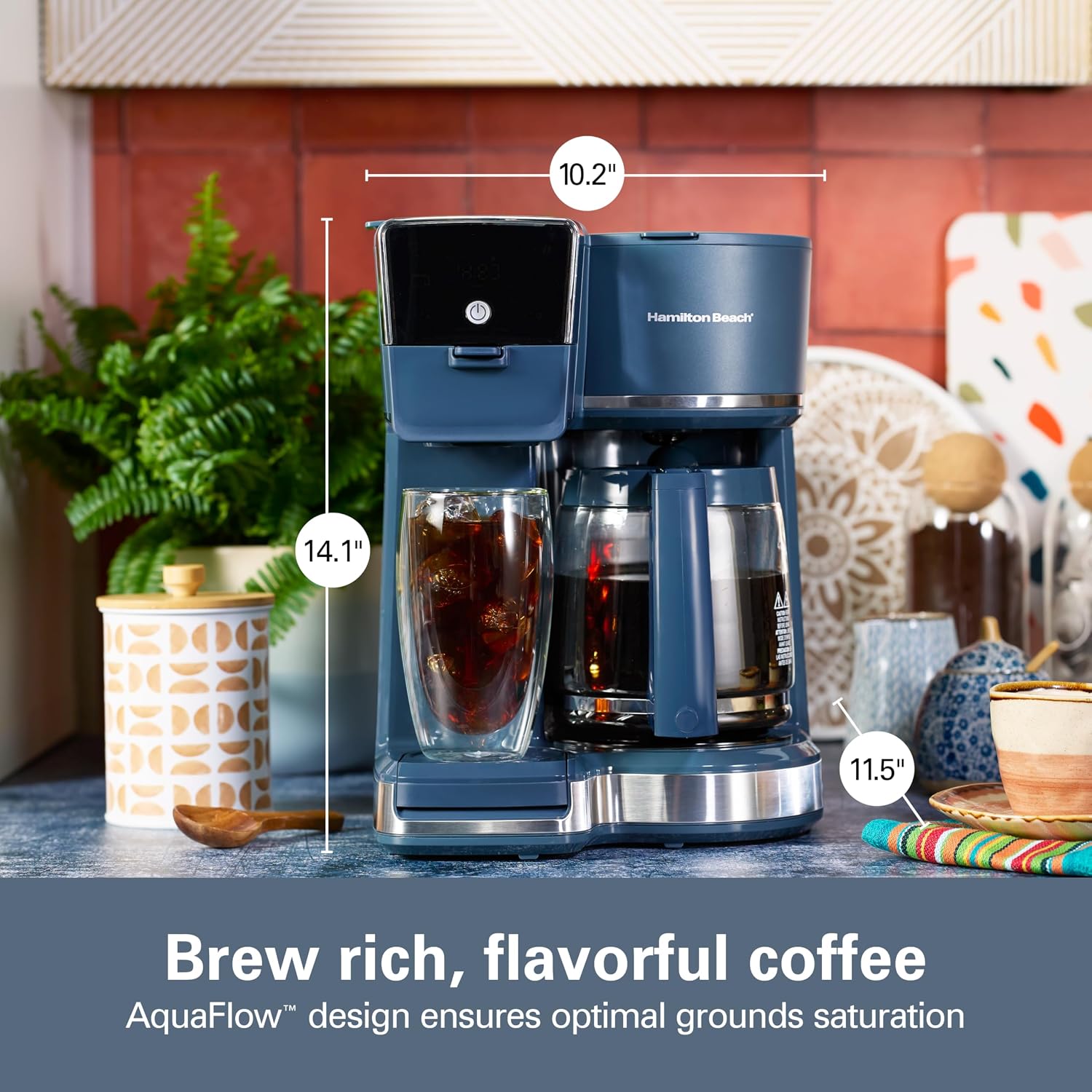 Hamilton Beach 2-Way Drip Coffee Maker & Single Serve Coffee Machine | Hot & Iced Coffee Maker| 12 Cup Glass Carafe| Aquaflow Showerhead | Auto Pause & Pour | Kitchen Makeover Blue |47502J