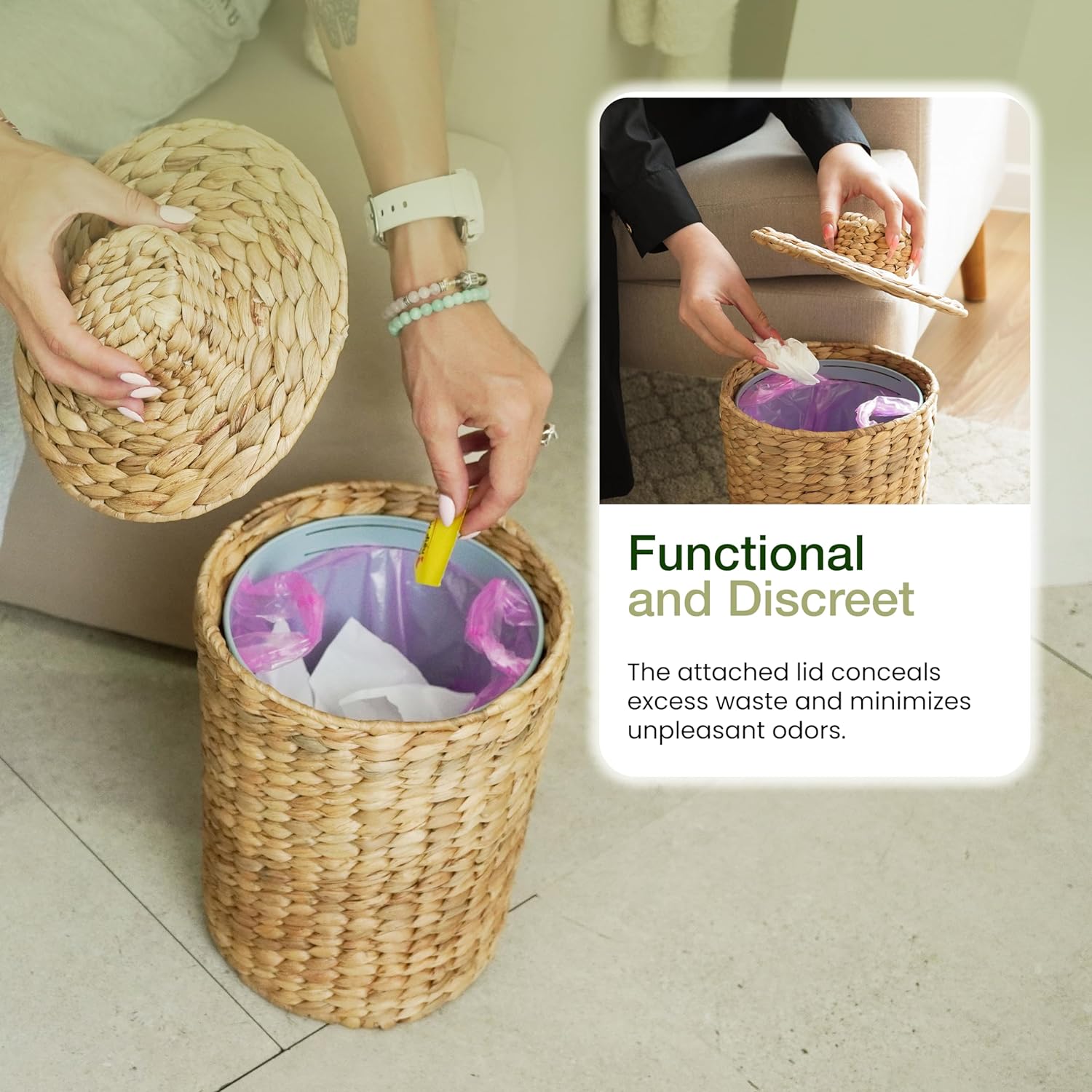 Tidita 2 Gallons Wicker Waste Basket - Water Hyacinth Bathroom Garbage Can With A Lid - Bathroom Trash Can Boho Style - Wicker Trash Can With Lid For Household, Kitchen - Removable Liner, Iron Frame