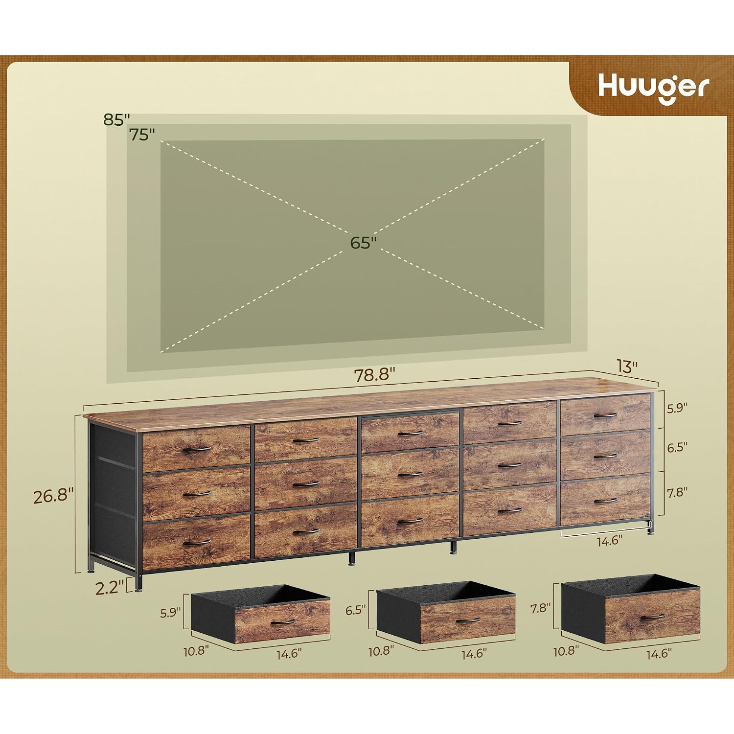 Huuger 78.7 Inch Long Dresser For Bedroom, 15 Drawer Fabric Dresser For Closet, Large Tv Stand For 65, 75, 85 Inch Tv, Wide Chest Of Drawer With Storage, 78.7" W X 12.9" D X 26.7" H, Rustic Brown