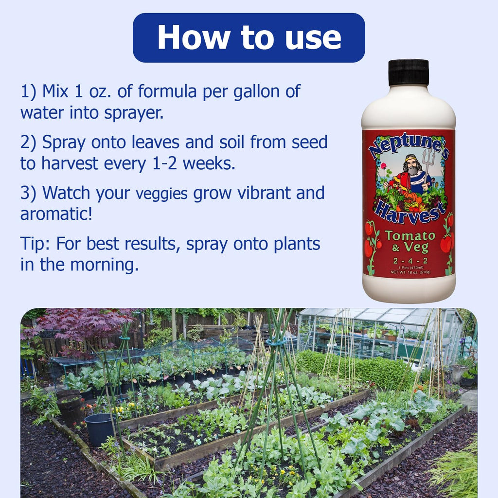 Neptune’S Harvest Organic Tomato & Vegetable Plant Fertilizer (2-4-2) - Liquid Plant Food W/Fresh Fish, Seaweed, Molasses, Yucca Extract, & Humic Acids - For Vegetable Garden (Pint)