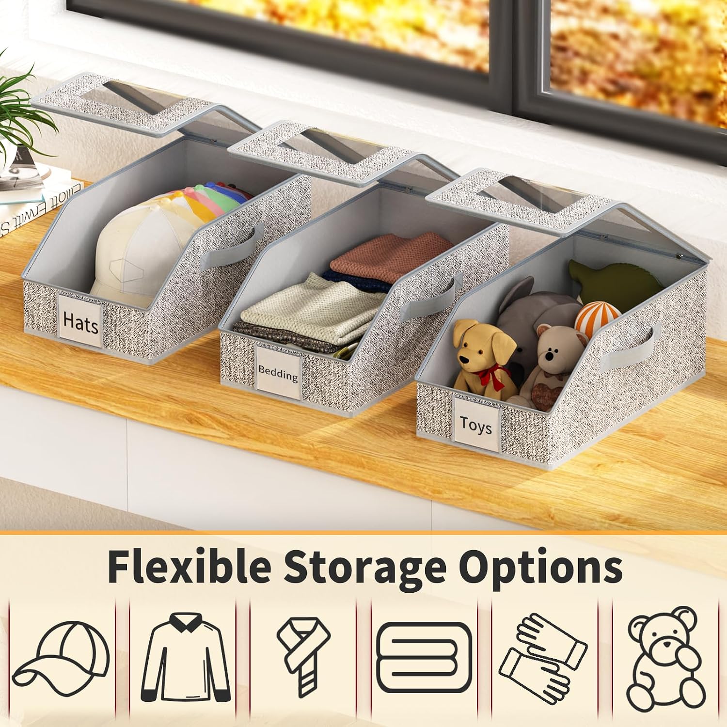 3 Pack Stackable Hat Organizer For Baseball Caps, Hat Storage With Clear Window Lid, Holds Up To 45 Ball Cap Storage Organizer, Foldable Hat Box Holder With Cardboard, For Closet Bedroom Shelf(Grey)