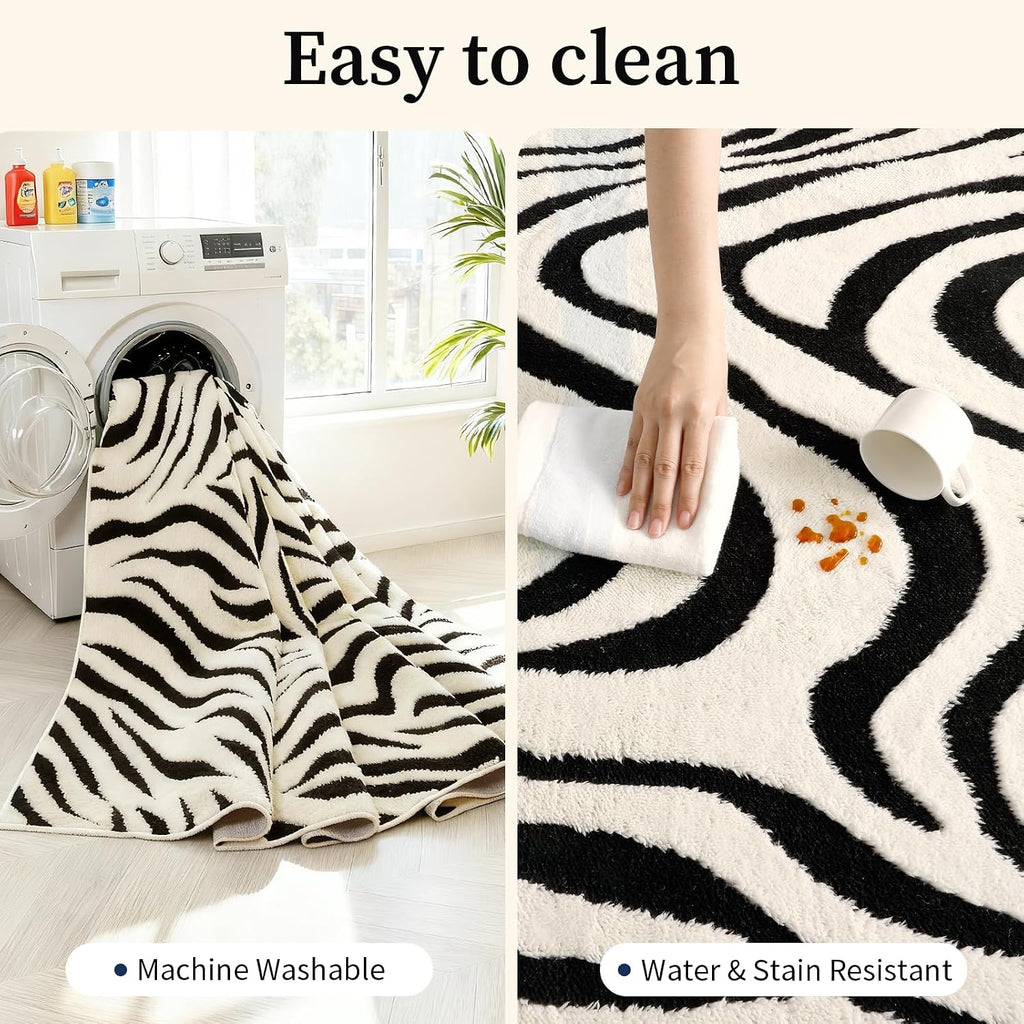 5×7 Ft Area Rugs For Living Room: Modern Washable Rug - Abstract Black And Cream White Rug For Bedroom Dining Room Office Playroom Nursery Home Decor - Nonslip Non-Shedding Striped Rugs