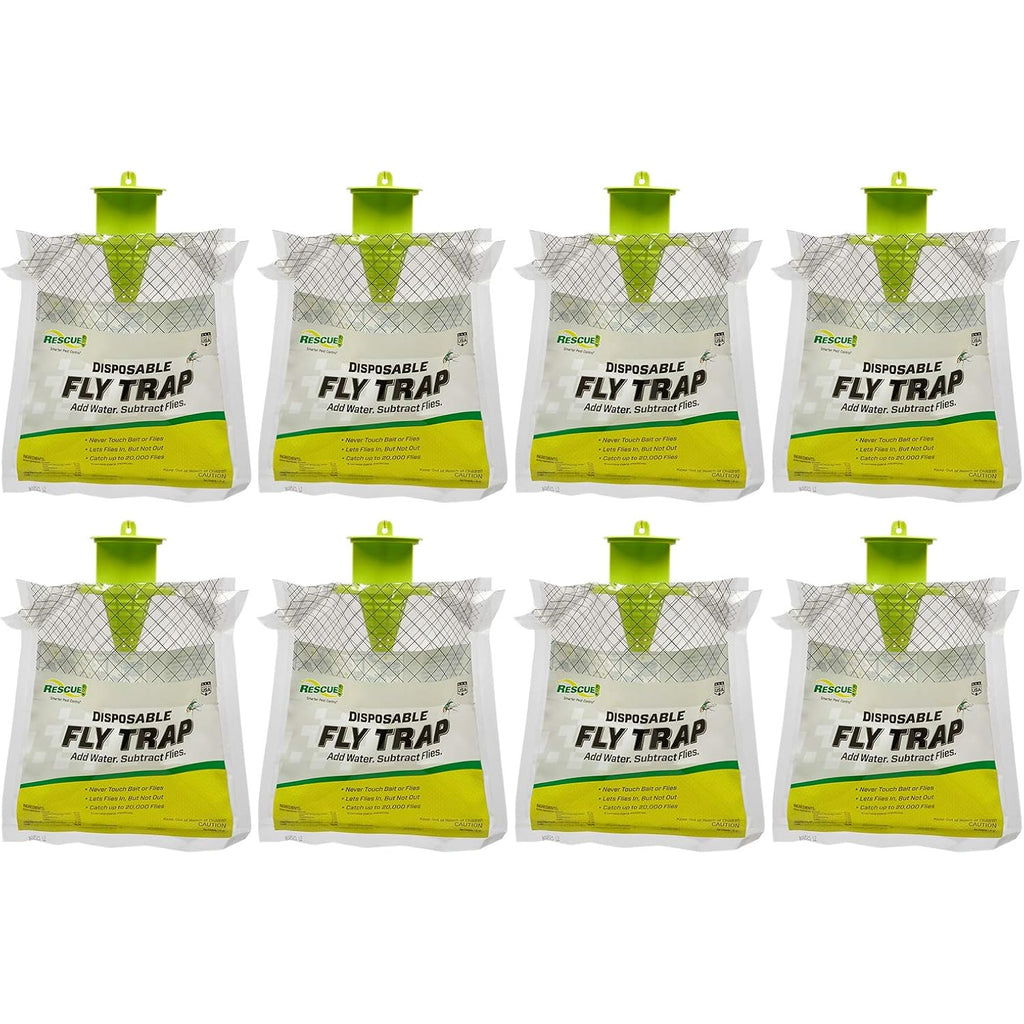 Rescue! Outdoor Disposable Fly Trap – Hanging Fly Catcher With Attractant Bait, Fly Bag For Patio, Yard, Trash & Farm Areas – Easy-To-Use Outdoor Fly Control - 8 Traps