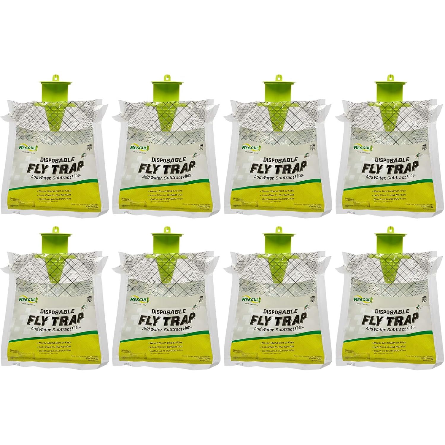 Rescue! Outdoor Disposable Fly Trap – Hanging Fly Catcher With Attractant Bait, Fly Bag For Patio, Yard, Trash & Farm Areas – Easy-To-Use Outdoor Fly Control - 8 Traps