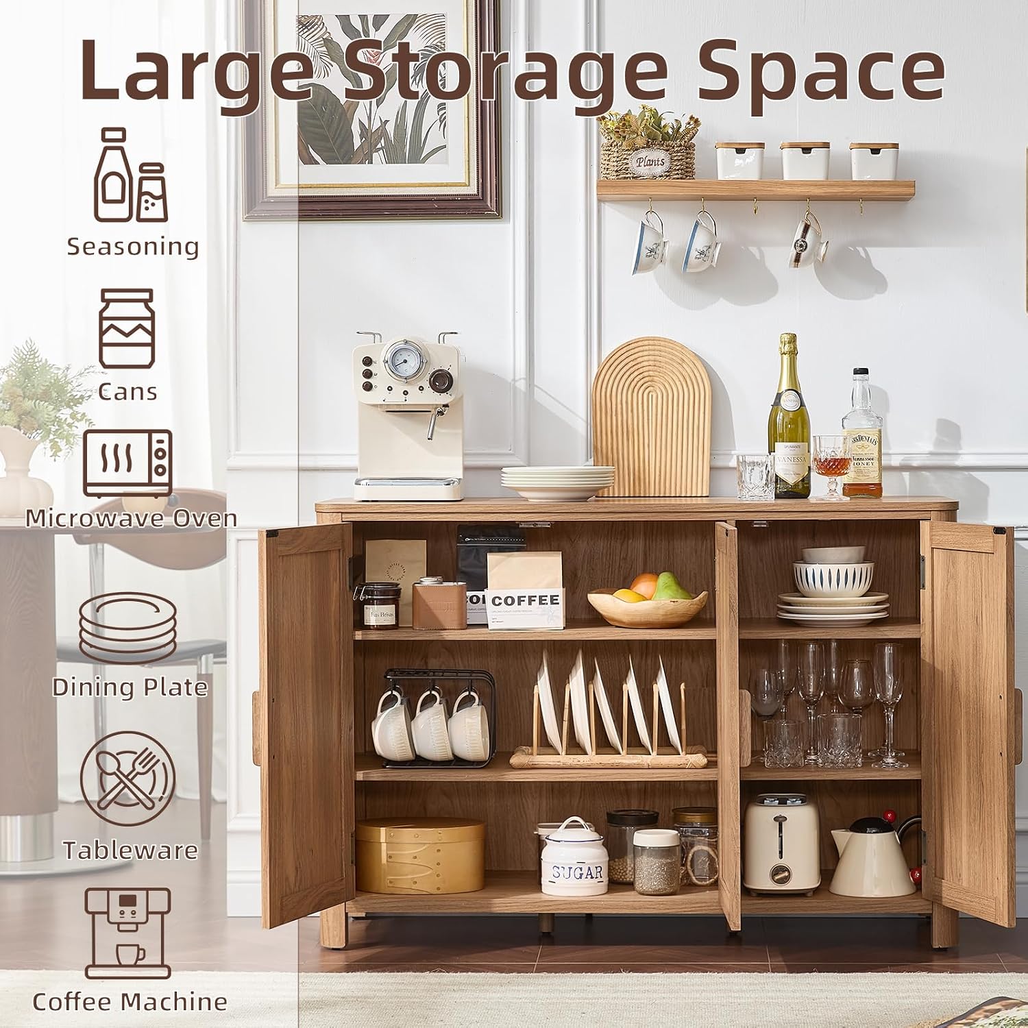 Joaxswe Sideboard Buffet Cabinet With Storage, 46" Arc-Shaped Credenza With 3 Doors & Adjustable Shelves, Mid Century Modern Coffee Bar Cabinet For Kitchen, Living Room, Entryway, Darkwood