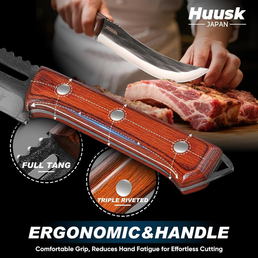 Huusk Hand Forged Carving Knife - Japanese Razor Sharp Butcher Knives For Meat Cutting, Curved Brisket Slicing Knife With Ergonomic Full Tang Handle, Gift For Men And Women