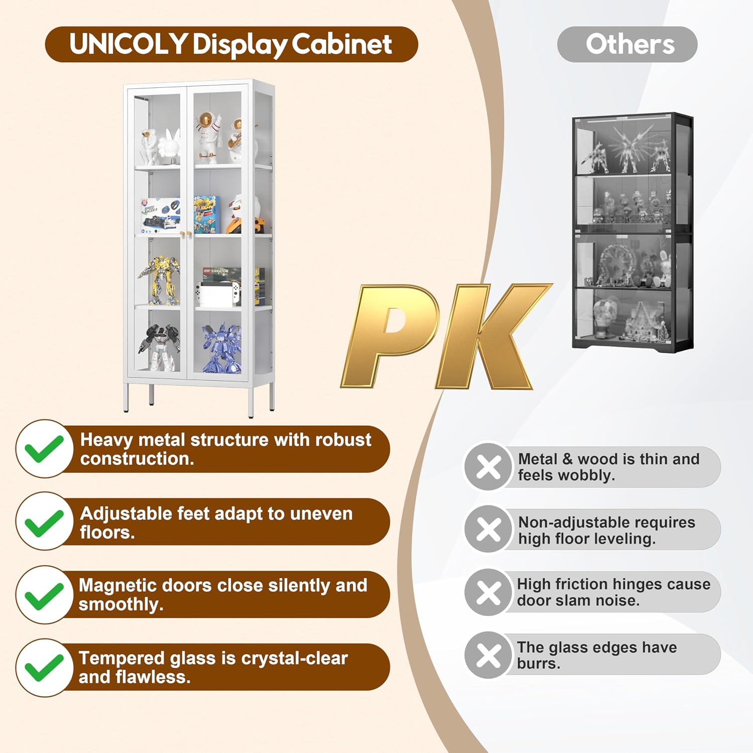 Display Cabinet With Glass Doors, Glass Display Cabinet 4-Tier, Metal Curio Display Cabinet With Tempered Glass Doors For Living Room, Plant, Display Shelf, Assembly Required, White