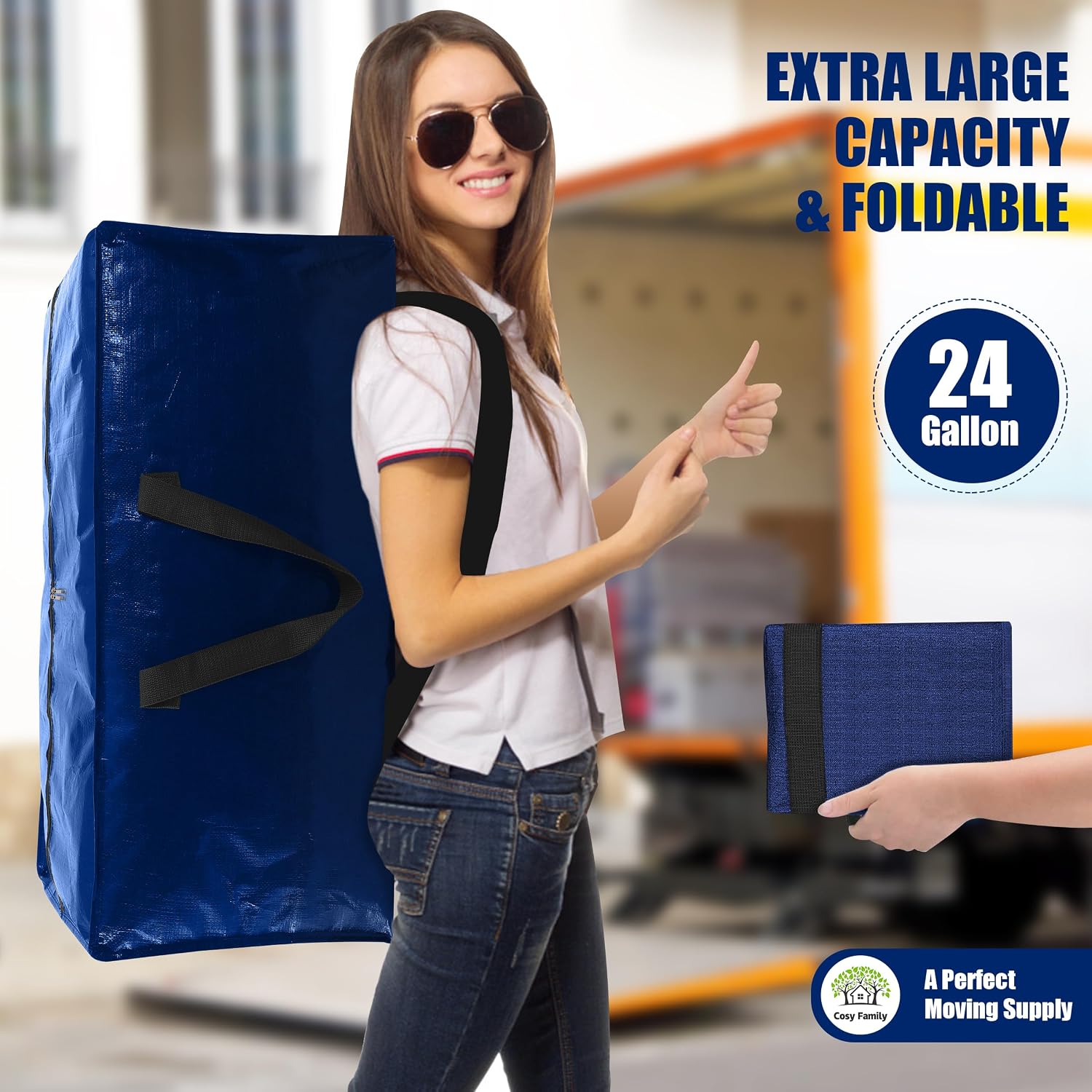 Cosy Family 4 Pack Heavy Duty Extra Large Moving Bags With Backpack Straps - Strong Handles & Zippers, Storage Totes For Space Saving, Fold Flat, Alternative To Moving Box (X-Large-Set Of 4, Blue)