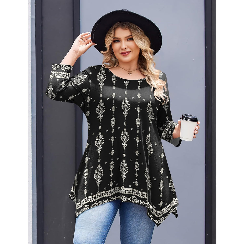 IN'VOLAND Plus Size Tops for Women 3/4 Sleeve Shirts Tunic Tops to Wear with Leggings Loose Fit Summer Fall Clothes