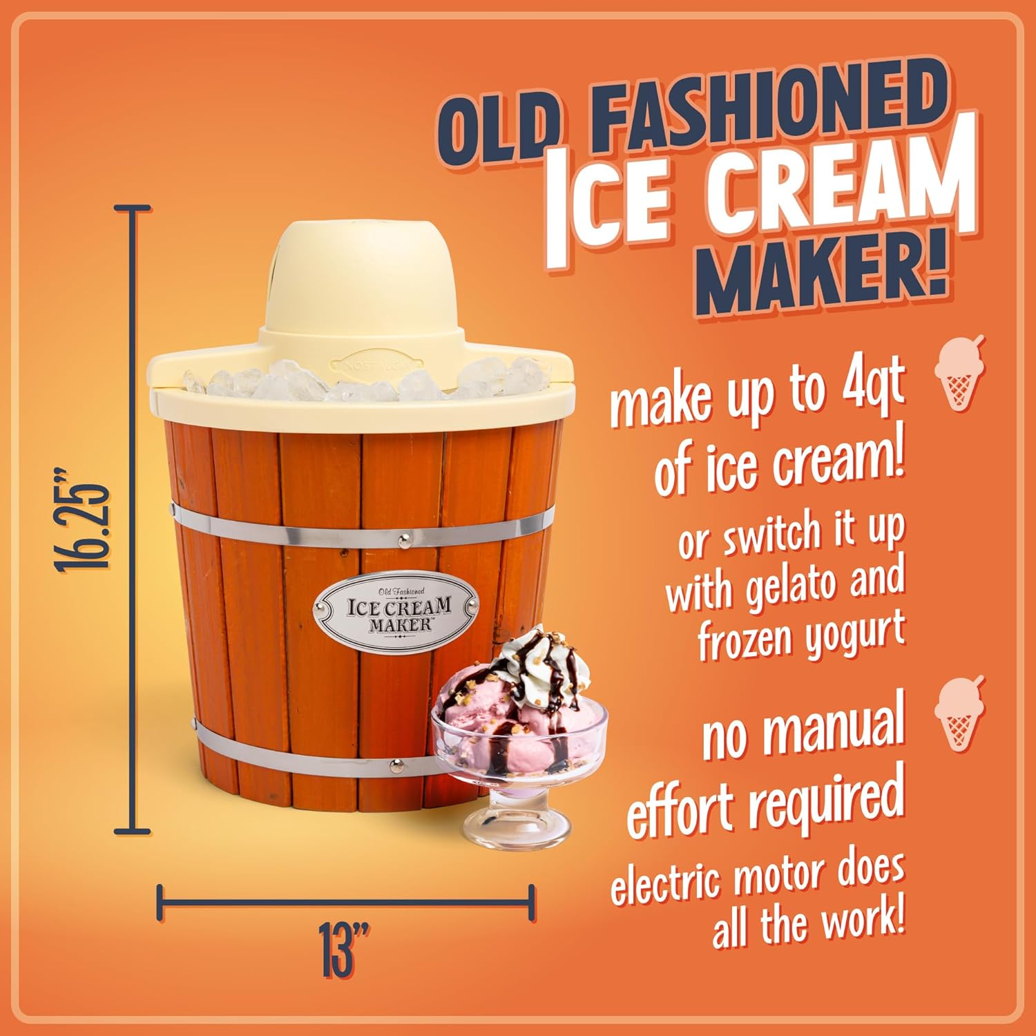 Nostalgia Electric Ice Cream Maker With 4 Qt Capacity- Old Fashioned Ice Cream Machine Makes Frozen Yogurt or Gelato in Minutes- Vintage Wooden Style Ice Cream Maker with Aluminum Canister- Light Wood