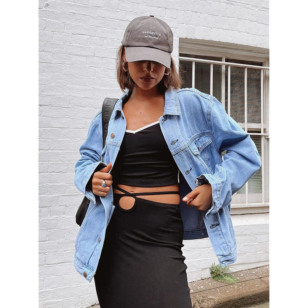 Women'S Oversized Vintage Denim Jacket Long Sleeve Boyfriend Coat