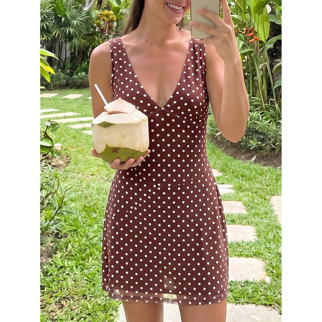 Wenrine Womens Summer Polka Dot Mini Dress Mesh Sexy V Neck Sleeveless Party Going Out Club A Line Short Dresses