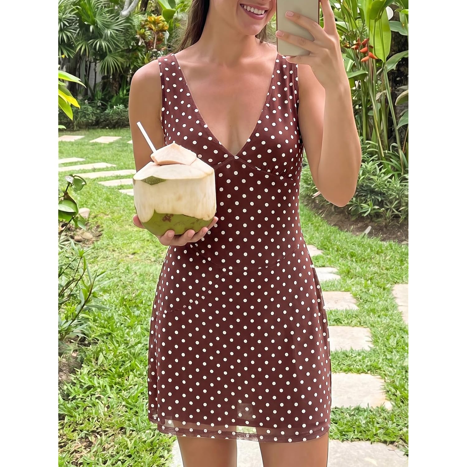 Wenrine Womens Summer Polka Dot Mini Dress Mesh Sexy V Neck Sleeveless Party Going Out Club A Line Short Dresses