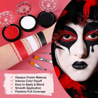 Goth White Foundation + Black Red Face Body Paint For Halloween Makeup, Face Painting Kit With Brushes Facepaint Set For Adults Clown Vampire Skull Sfx Make Up Costume Cosplay Party Theater Stage