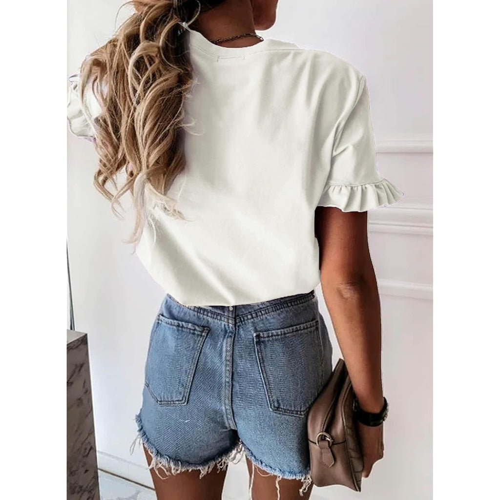 PRETTYGARDEN Women's Short Sleeve Casual T Shirts Summer Ruffle Plain Round Neck Loose Fit Tee Blouse Tops