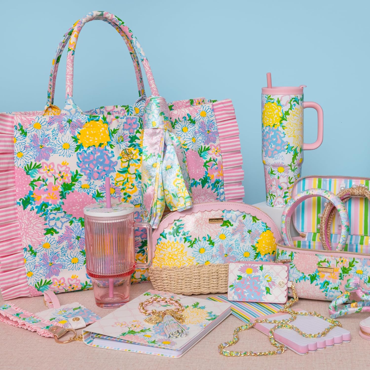 Lilly Pulitzer Ruffle Tote Bag, Cotton Canvas Shoulder Tote with Ruffle Detail, Flat Base, Durable Straps, Large Carryall for Travel & Everyday Use (Lilly Garden Home)