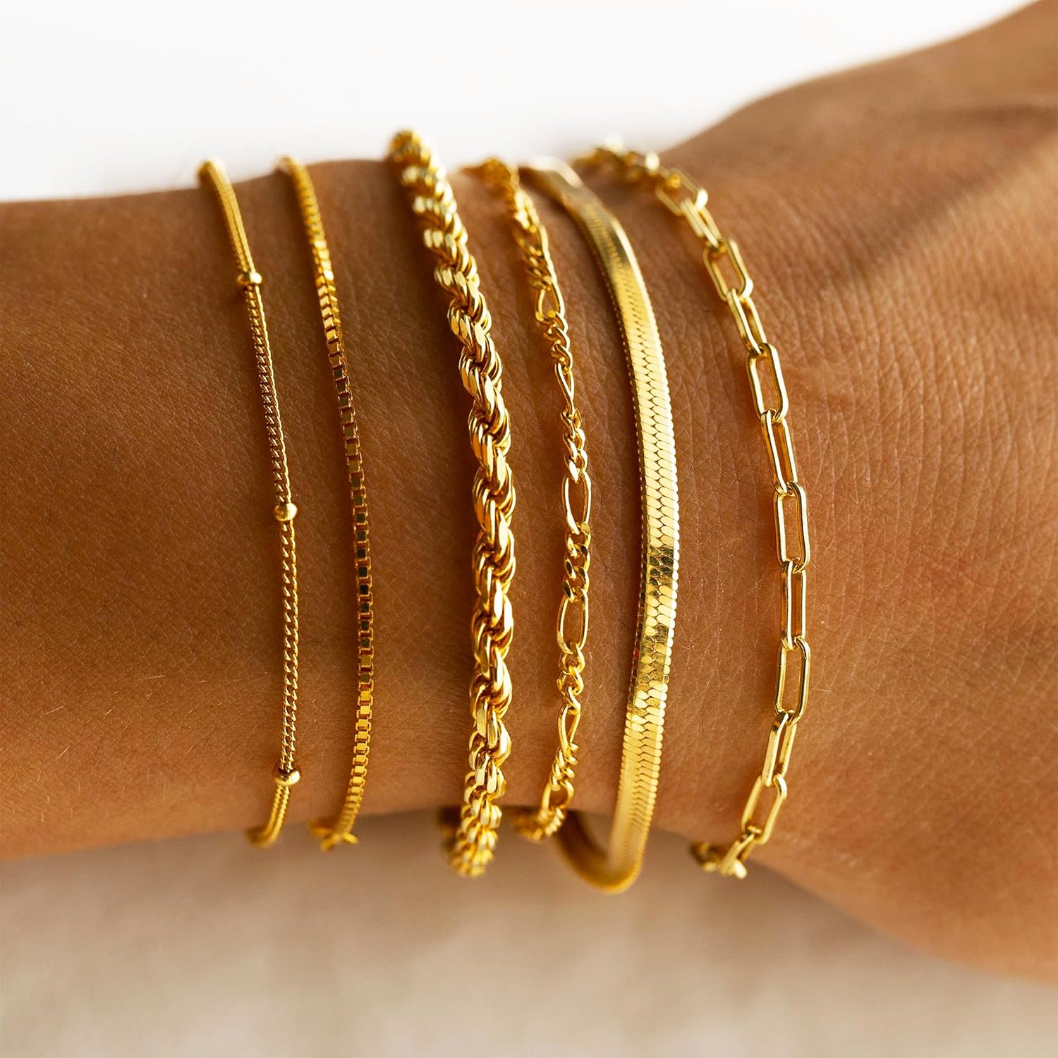 Mothers Day Gifts for Mom Gold Bracelets for Women Waterproof, 14K Gold Plated Jewelry Sets Trendy Thin Dainty Stackable Cuban Link Paperclip Chain Bracelet Pack Fashion Accessories Gifts for Womens