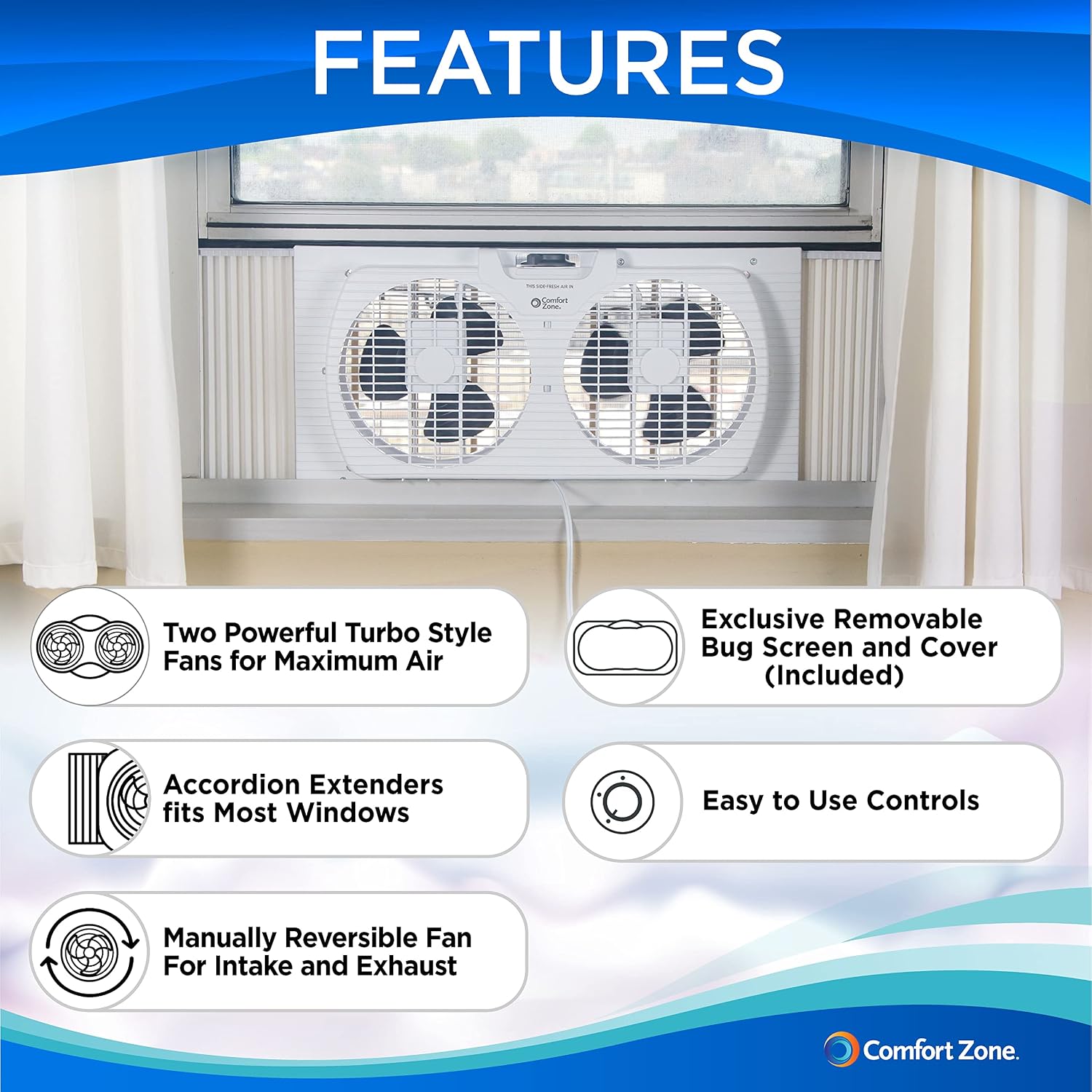 Comfort Zone Twin Window Fan With Reversible Airflow Control, 9 Inch, Auto-Locking Expanders, 2 Speed Fan, Dual Fan, Exhaust, Airflow 9.84 Ft/Sec, Ideal For Home, Kitchen, Bedroom & Office, Cz319Wt