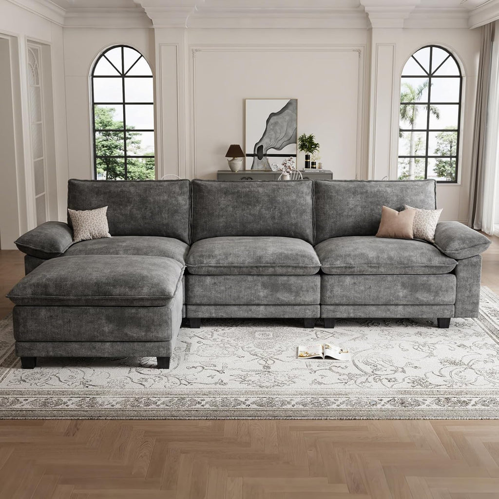 L Shaped Modular Sectional Couches For Living Room, Cloud Couch Sofa With Movable Ottoman, Comfy Chenille Couch, Seats 4, Dark Gray