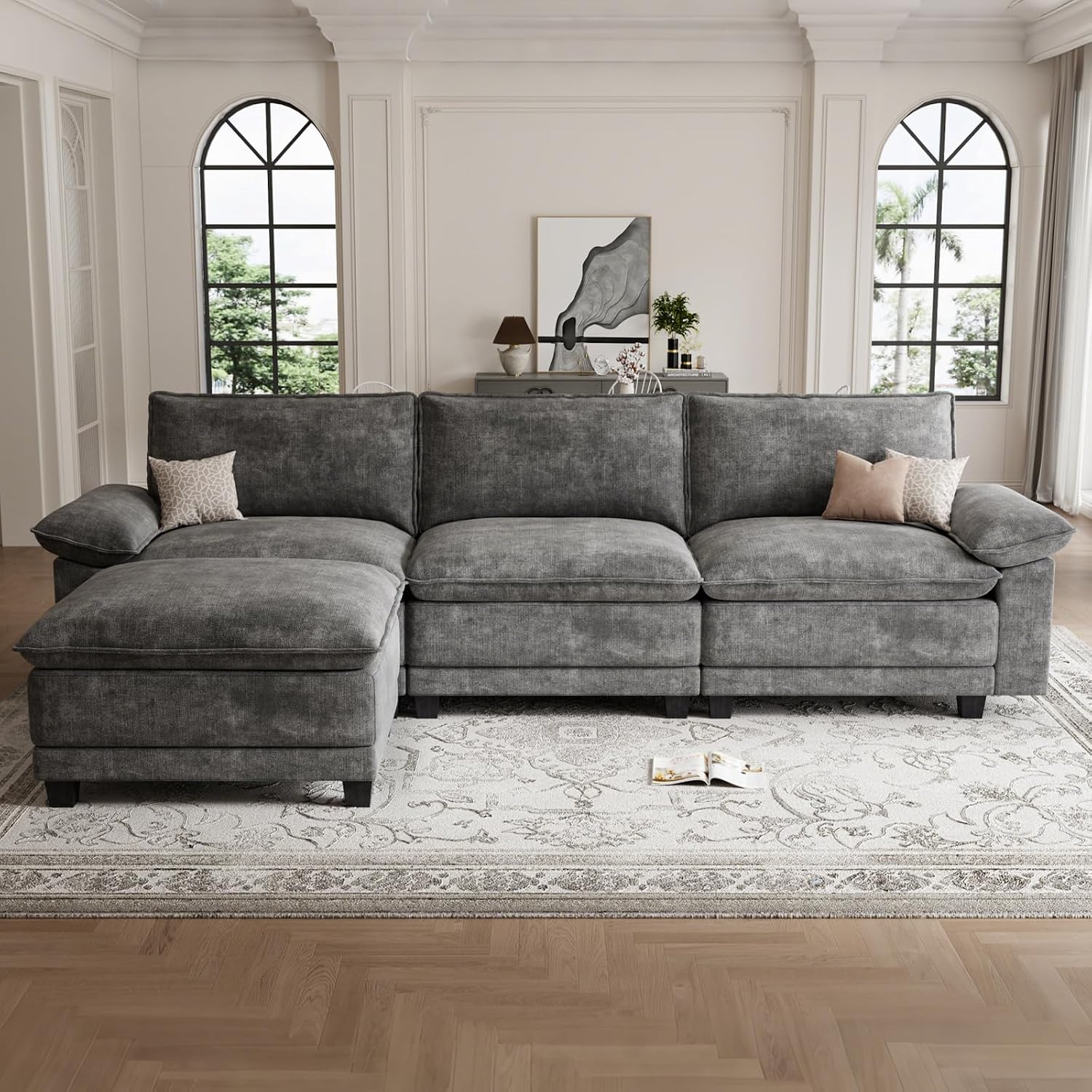 L Shaped Modular Sectional Couches For Living Room, Cloud Couch Sofa With Movable Ottoman, Comfy Chenille Couch, Seats 4, Dark Gray
