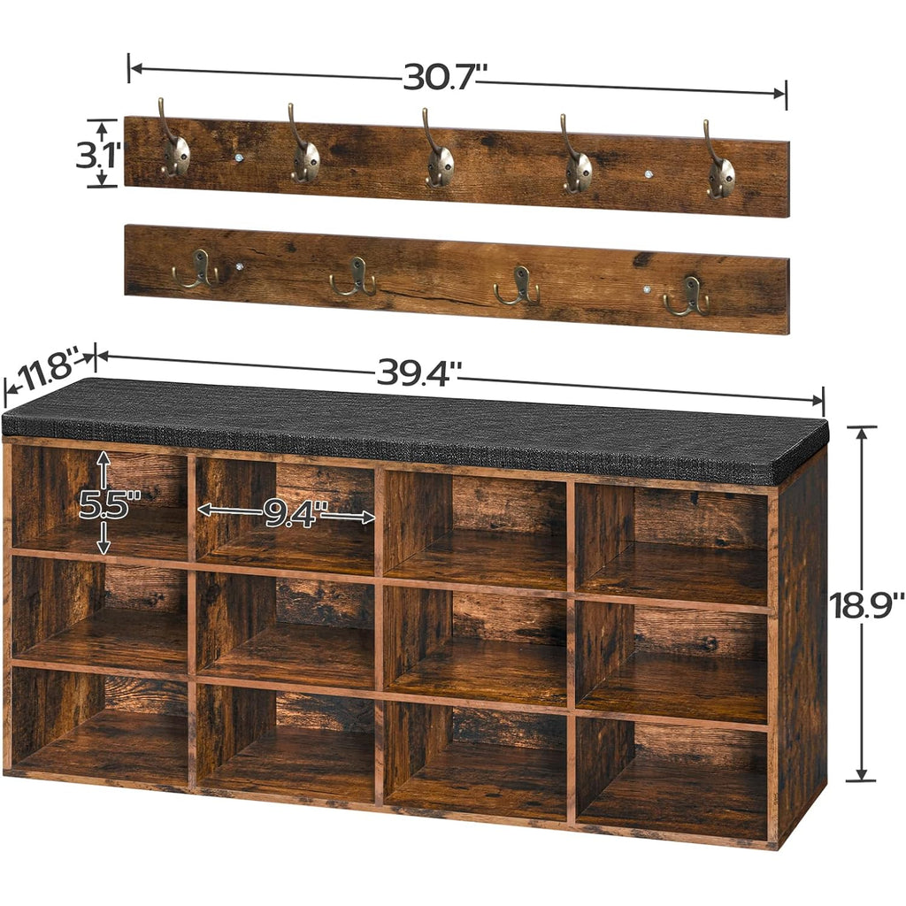 HOOBRO Shoe Storage Bench with Cushion, 39.4" L Entryway Bench with 12 Cubbies, Entryway Hall Tree with Storage, Shoe Cabinet with Coat Rack for Bedroom, Hallway, Holds up to 330 lb, BF112HX01G1