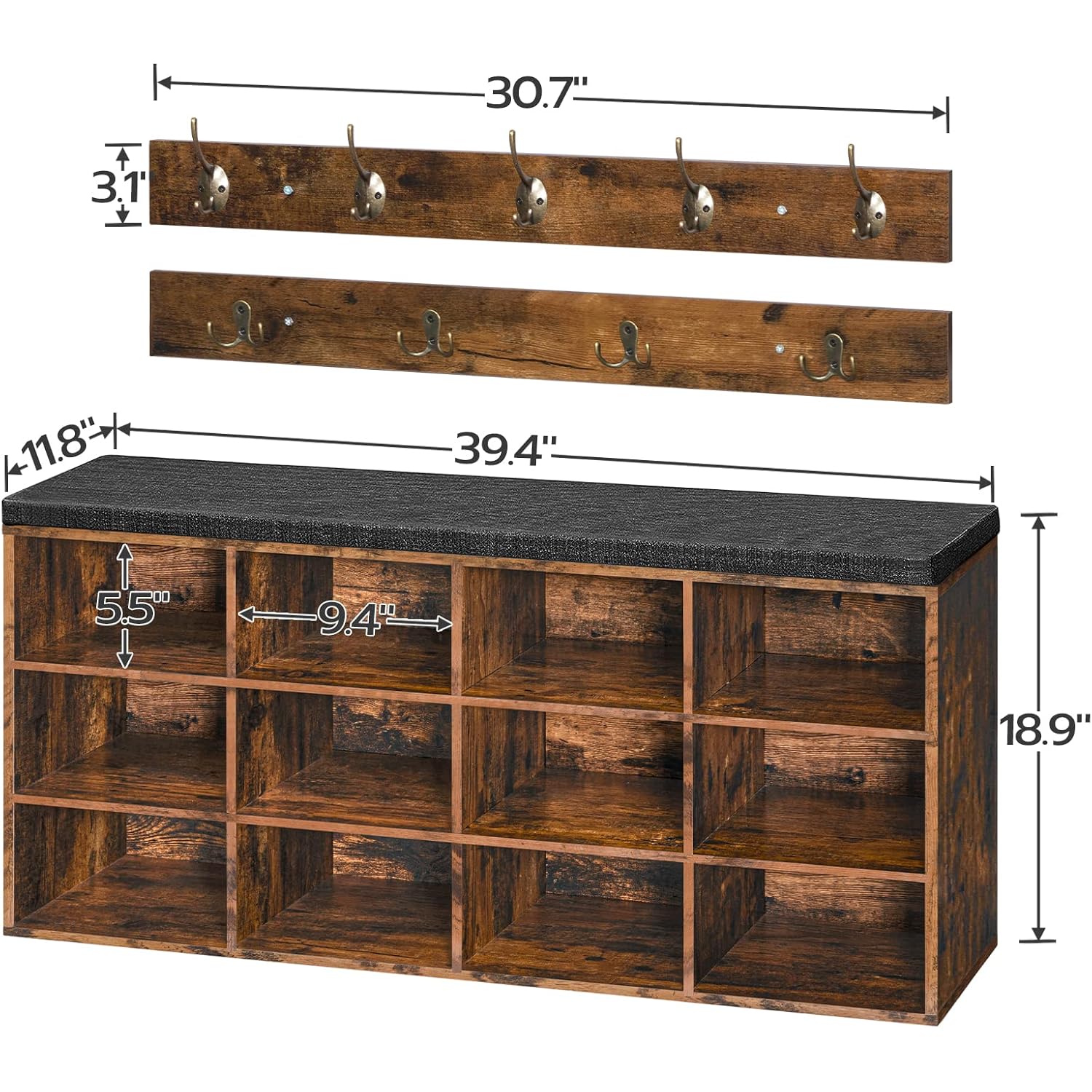 HOOBRO Shoe Storage Bench with Cushion, 39.4" L Entryway Bench with 12 Cubbies, Entryway Hall Tree with Storage, Shoe Cabinet with Coat Rack for Bedroom, Hallway, Holds up to 330 lb, BF112HX01G1