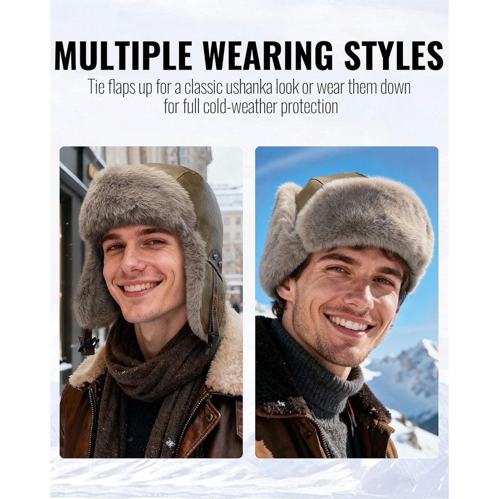 CLAPE Winter Trapper Hat with Ear Flaps, Waterproof PU Leather Aviator Hat with Faux Fur Lining for Men & Women