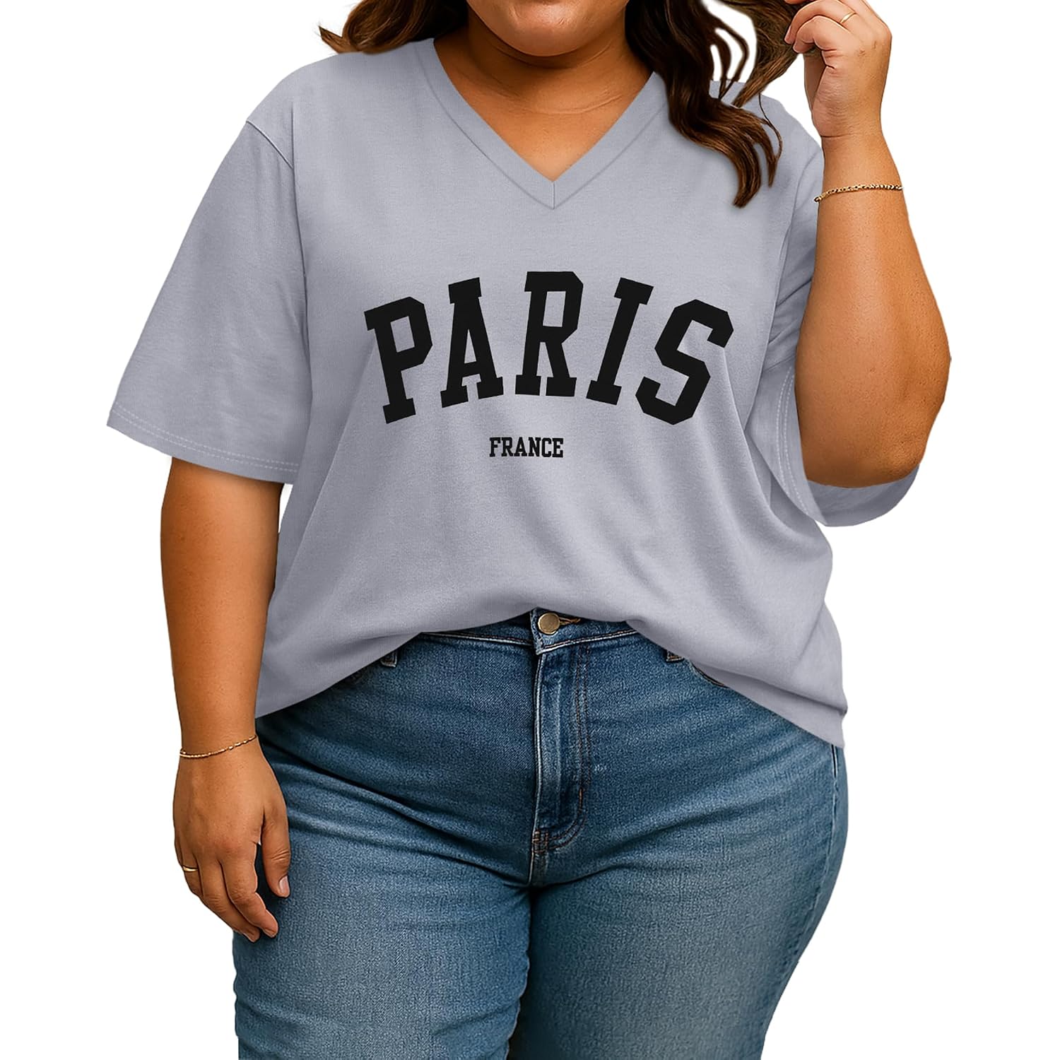 rosemia Plus Size Tops for Women Oversized Casual Tops V Neck Short Sleeves Basic Tees 2026 Gray Paris