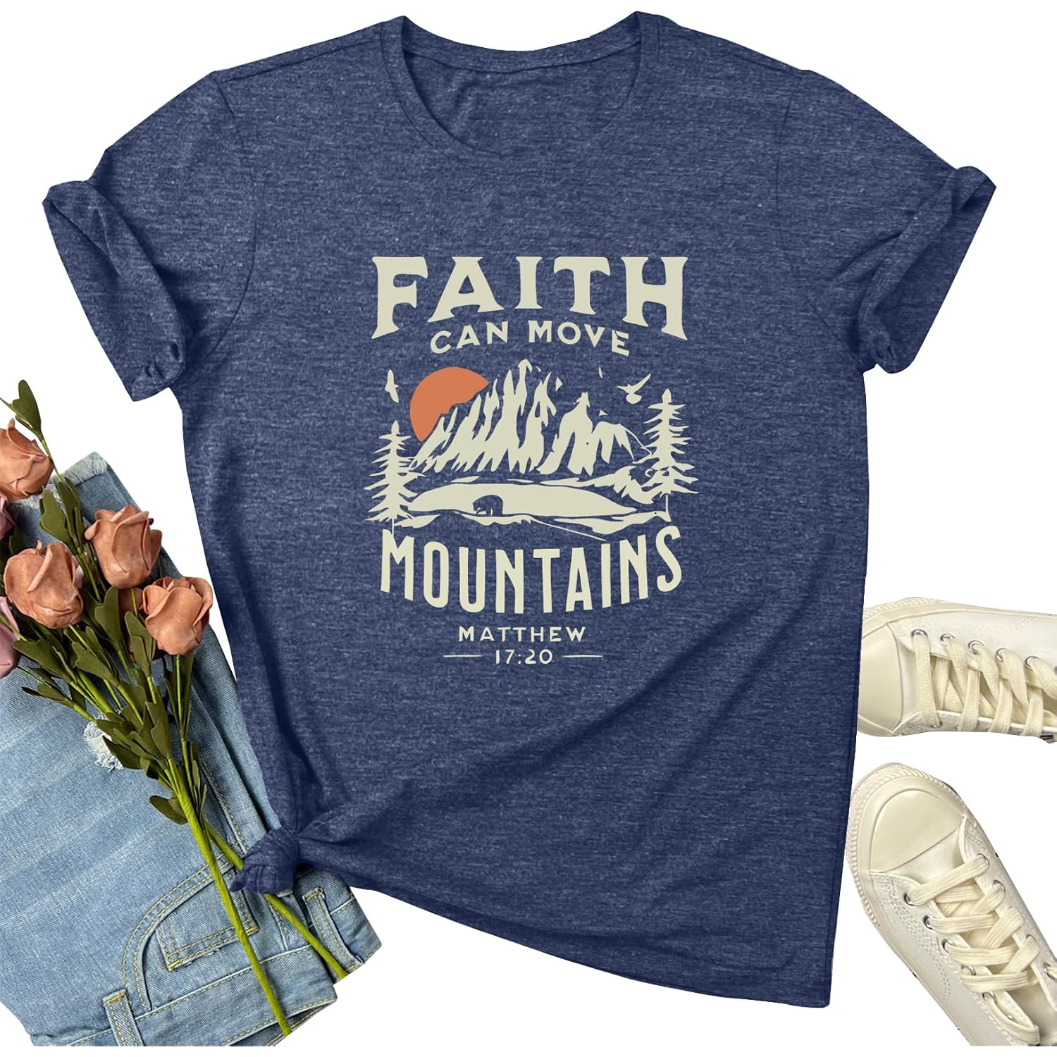 Women Graphic T-Shirts Cute Tees Summer Causal Tops Heather Navy