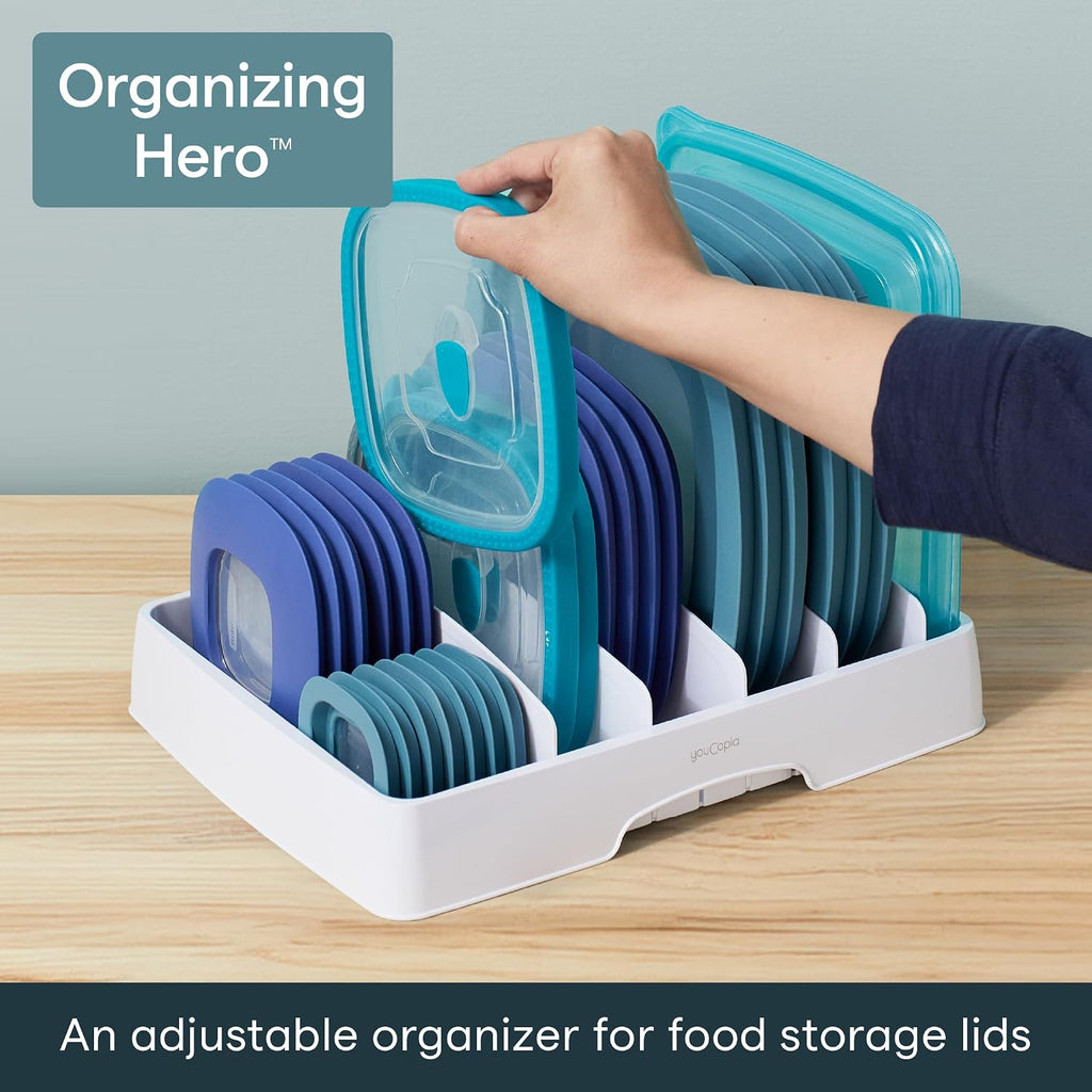 Youcopia Storalid Food Container Lid Organizer For Kitchen Cabinet Storage With 5 Adjustable Dividers, 10.5''D × 13.4''W × 3.3''H, Large Classic Edition, White
