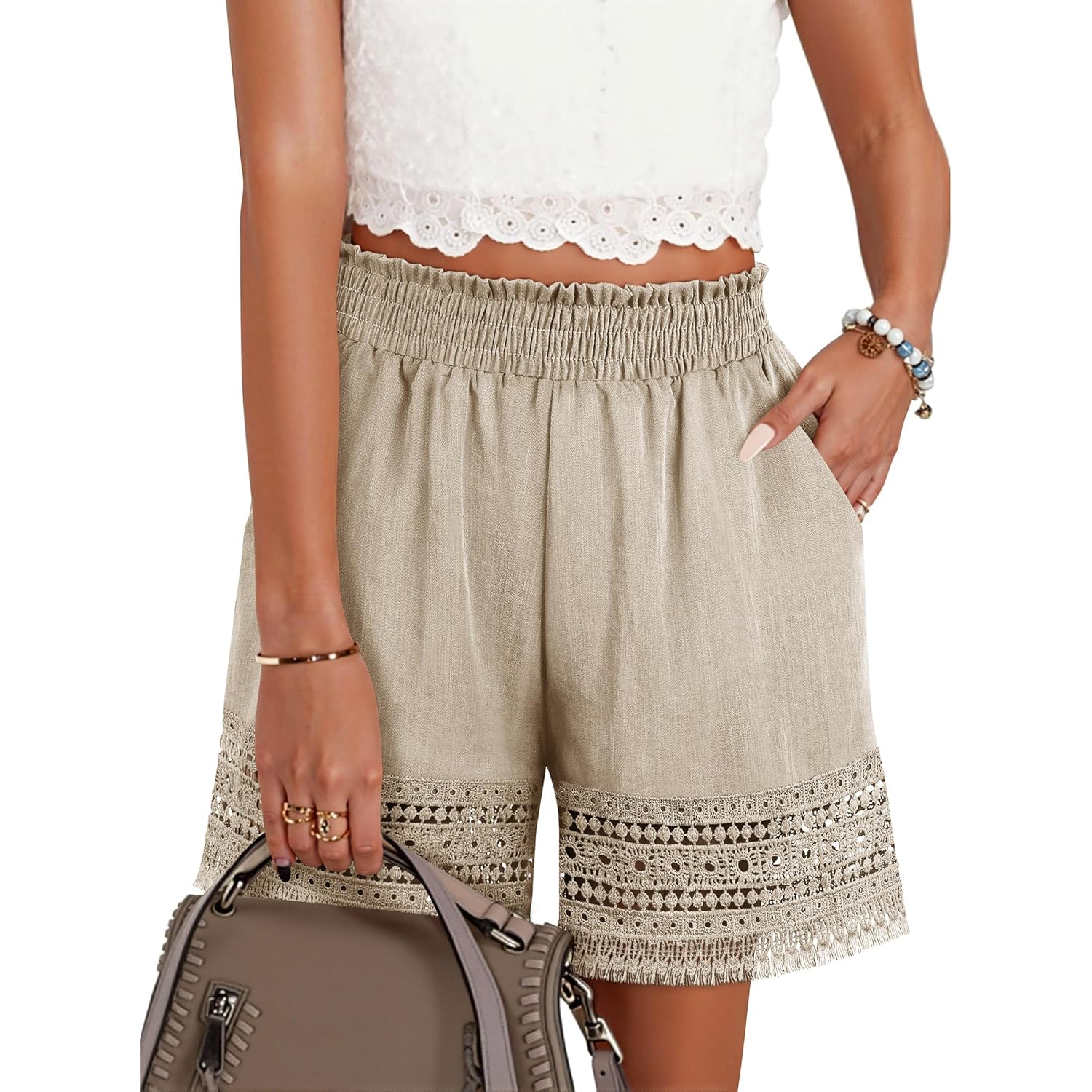 Women's Casual Elastic Waist Lounge Shorts Comfy Stretch Lace Trim Summer Beach Linen Ruffle Shorts