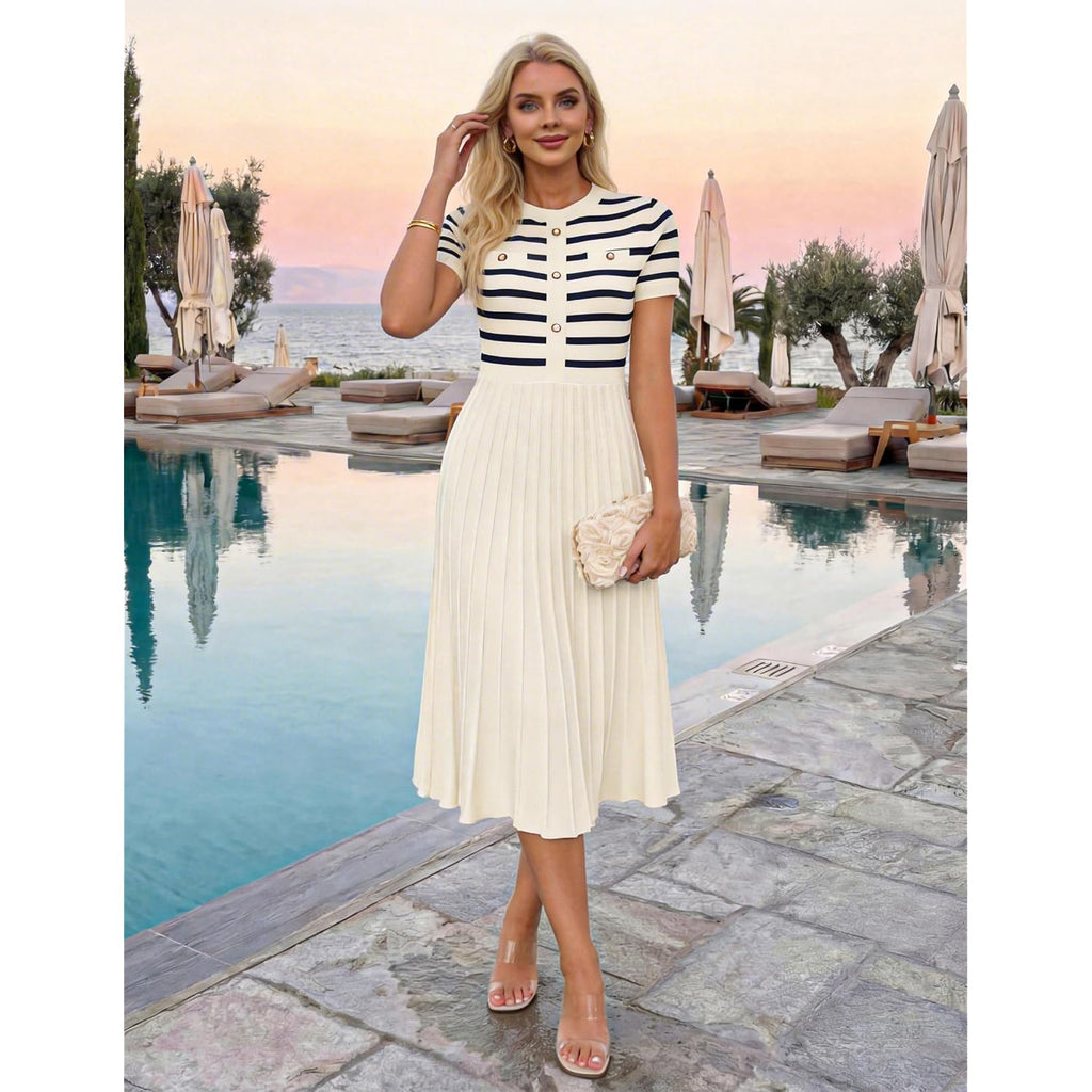 Zesica Women'S 2026 Casual Striped Midi Dress Crewneck Short Sleeve Button Ribbed Knit Swing Pleated A Line Dresses