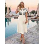 Zesica Women'S 2026 Casual Striped Midi Dress Crewneck Short Sleeve Button Ribbed Knit Swing Pleated A Line Dresses