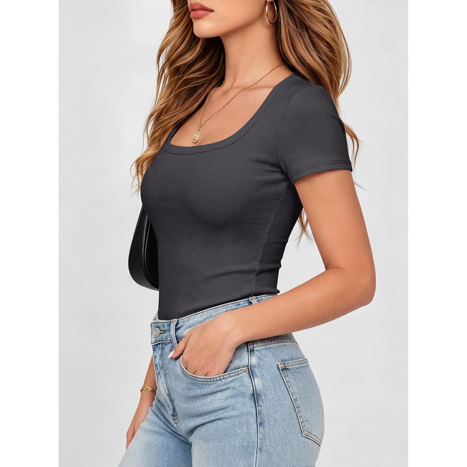 Anrabess Women Short Sleeve Tops Scoop Neck Ribbed Knit Slim Fitted Basic Tee Shirt Casual Summer Clothes 2026 Spring Outfits