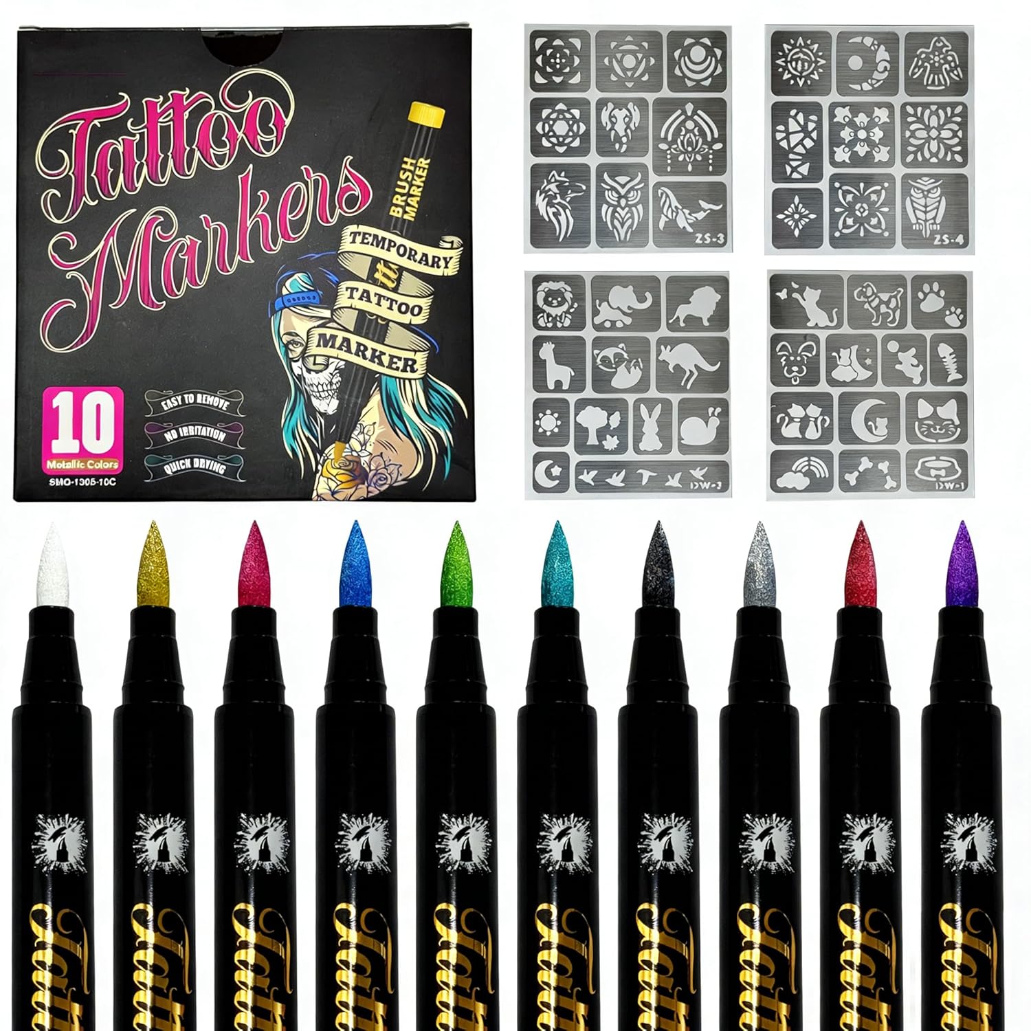10 Colors Metallic Body Paint Markers with 4 Temporary Tattoo stencils, Waterproof & Sweatproof Temporary Tattoo Markers Quick-Dry Face Paint Pens for Halloween, Cosplay, Parties, Sports Events