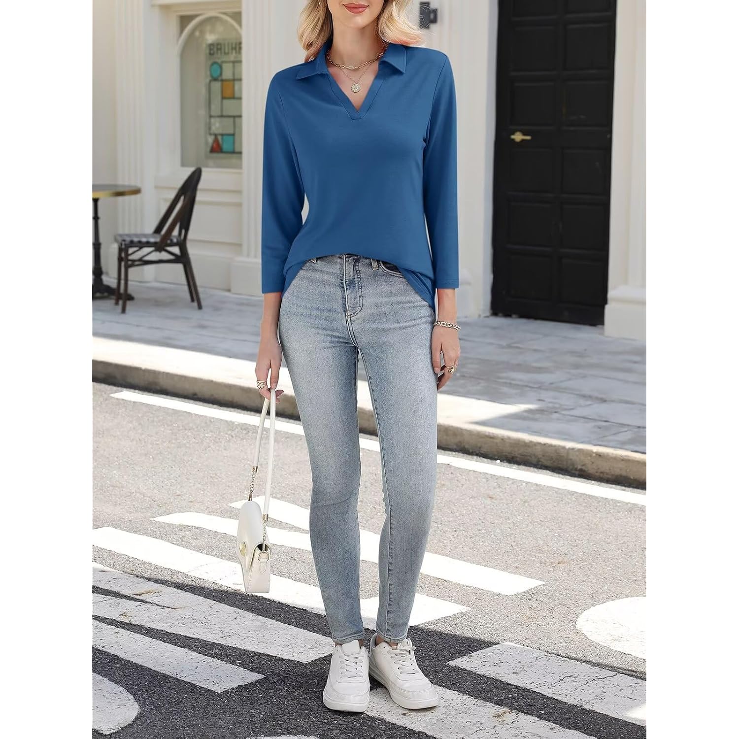 Orandesigne Women'S 3/4 Sleeves V Neck Polo Shirts Casual Summer Tops Basic Collar Cute Tees