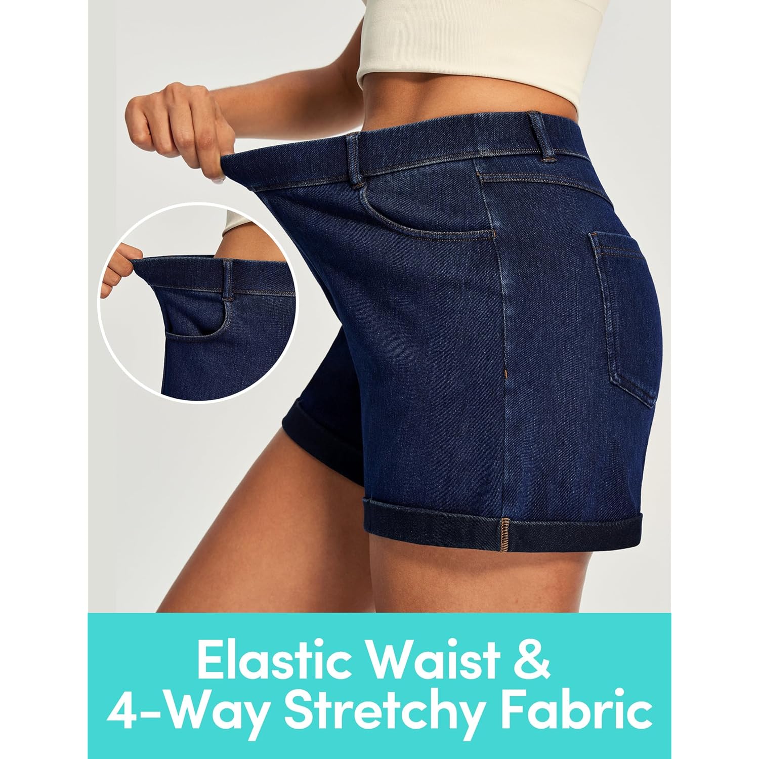 Stretchy Baggy Jean Shorts Womens Pull On Denim Shorts Women High Waisted Tummy Control Jorts Summer Casual with Pockets